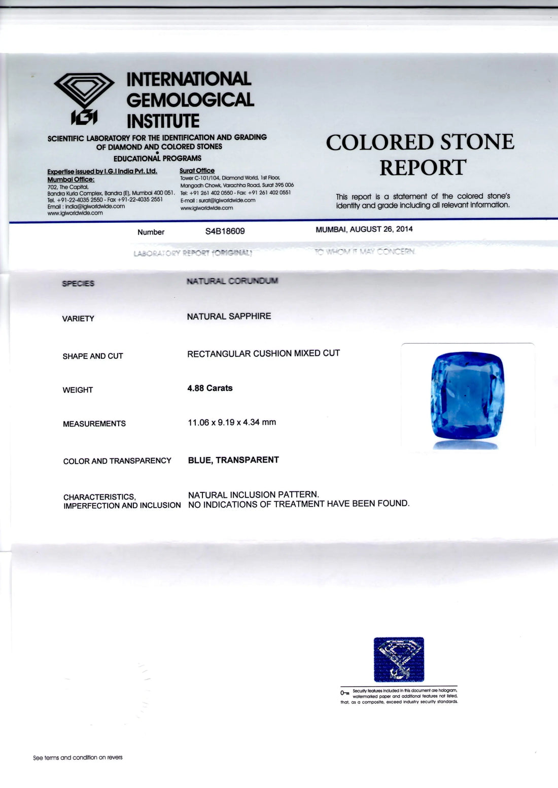 4.88 Ct IGI Certified Unheated Untreated Natural Ceylon Blue Sapphire