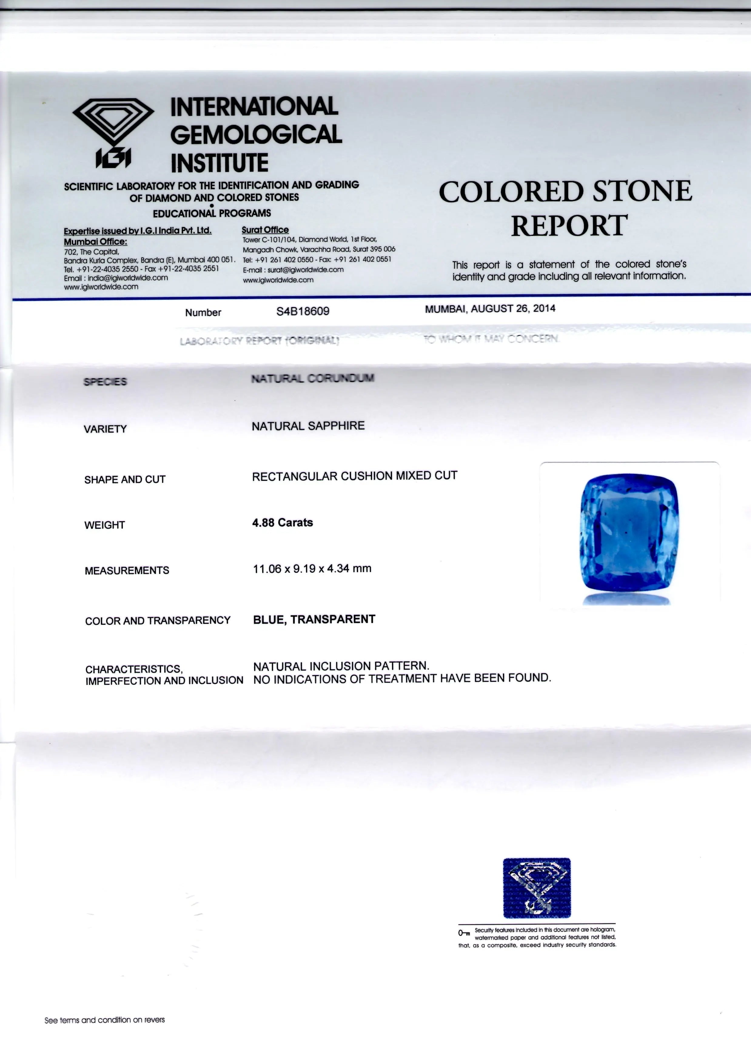 4.88 Ct IGI Certified Unheated Untreated Natural Ceylon Blue Sapphire