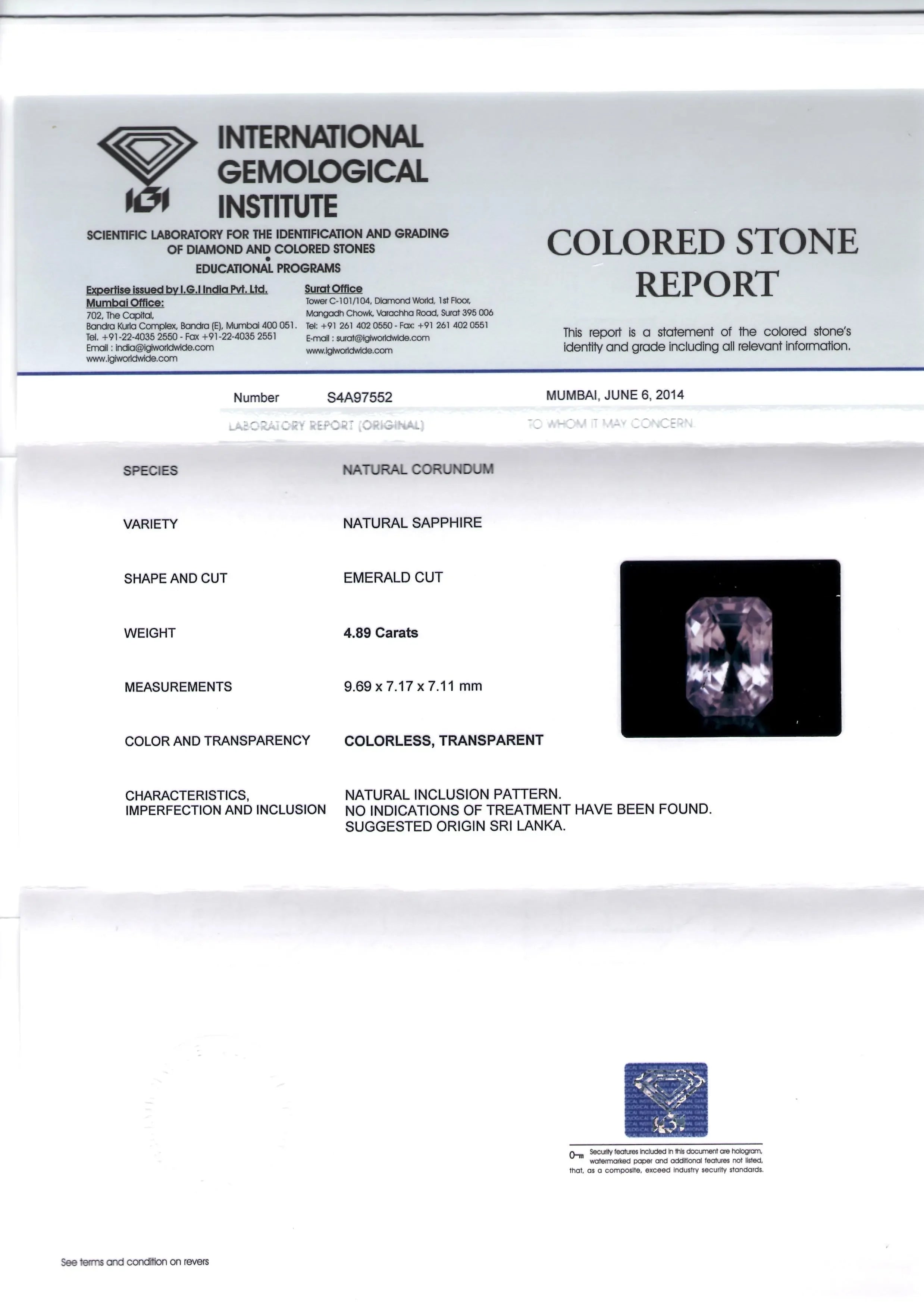 4.89 Ct IGI Certified Unheated Untreated Natural Premium White Sapphire AAA - Venus Gems