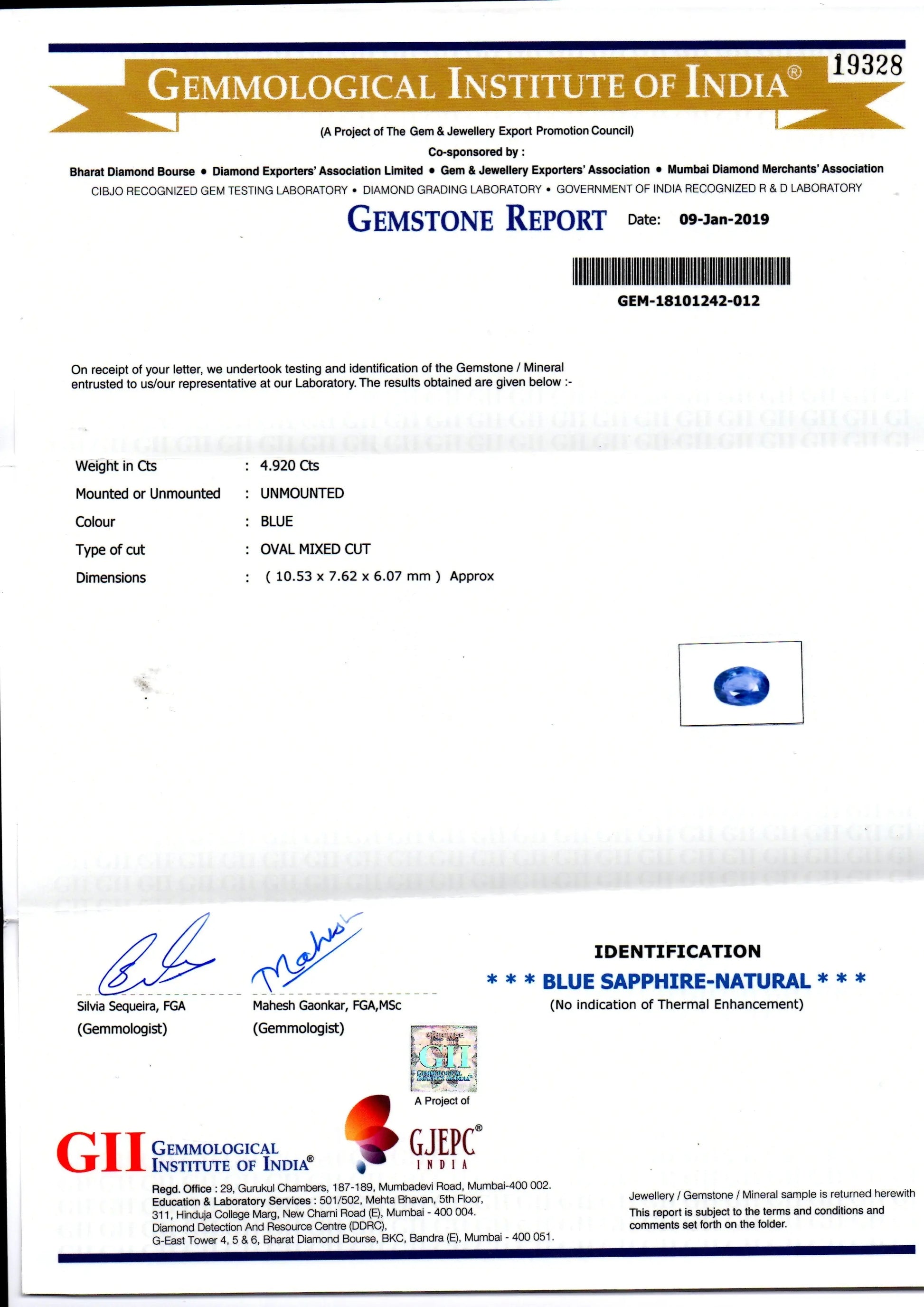 4.92 Ct GII Certified Unheated Untreated Natural Ceylon Blue Sapphire AA