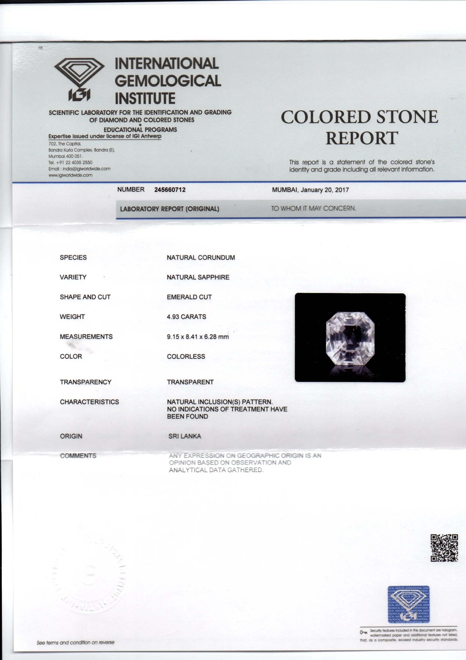 4.93 Ct IGI Certified Unheated Untreated Natural Ceylon White Sapphire AA - Venus Gems