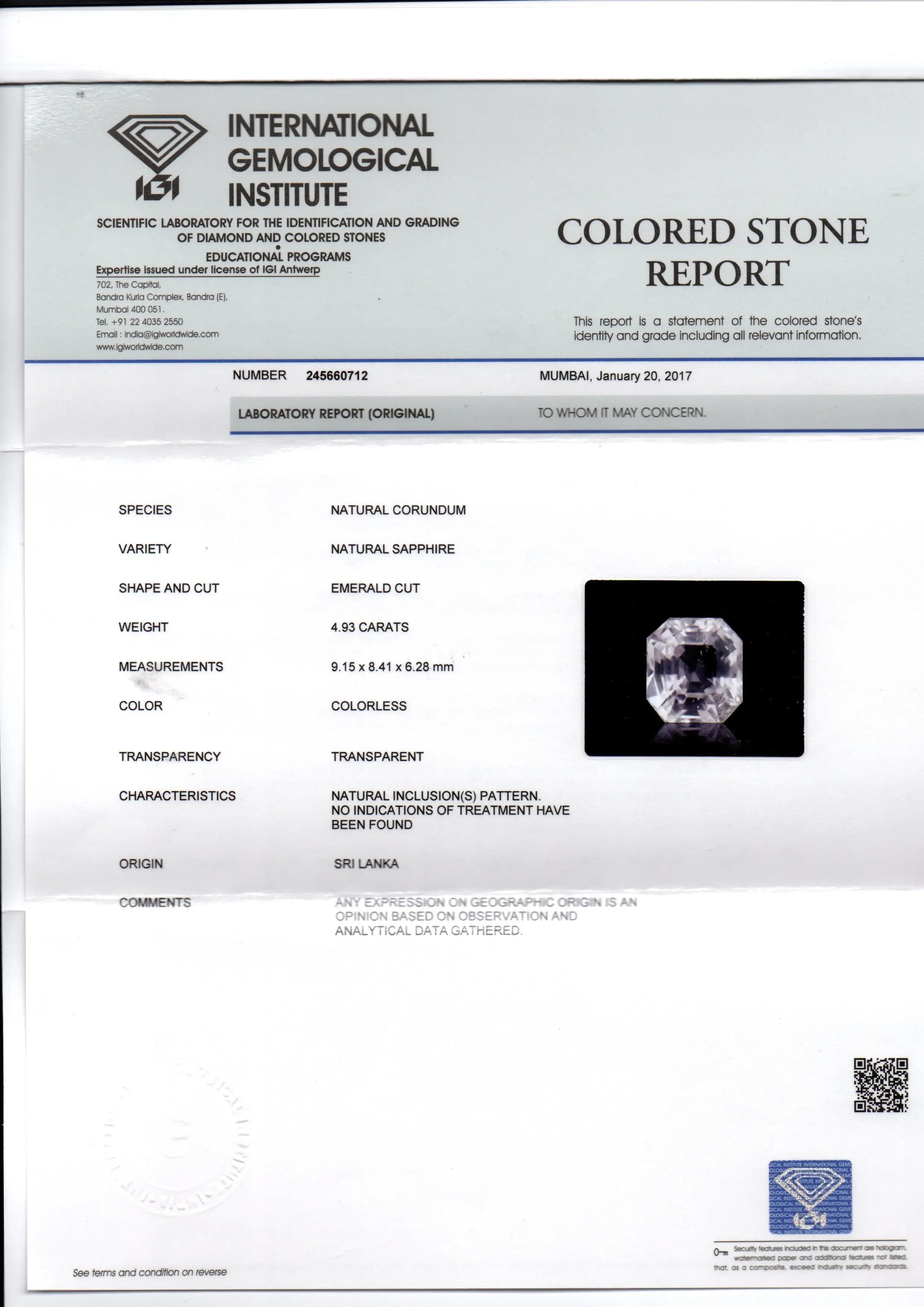 4.93 Ct IGI Certified Unheated Untreated Natural Ceylon White Sapphire AA - Venus Gems
