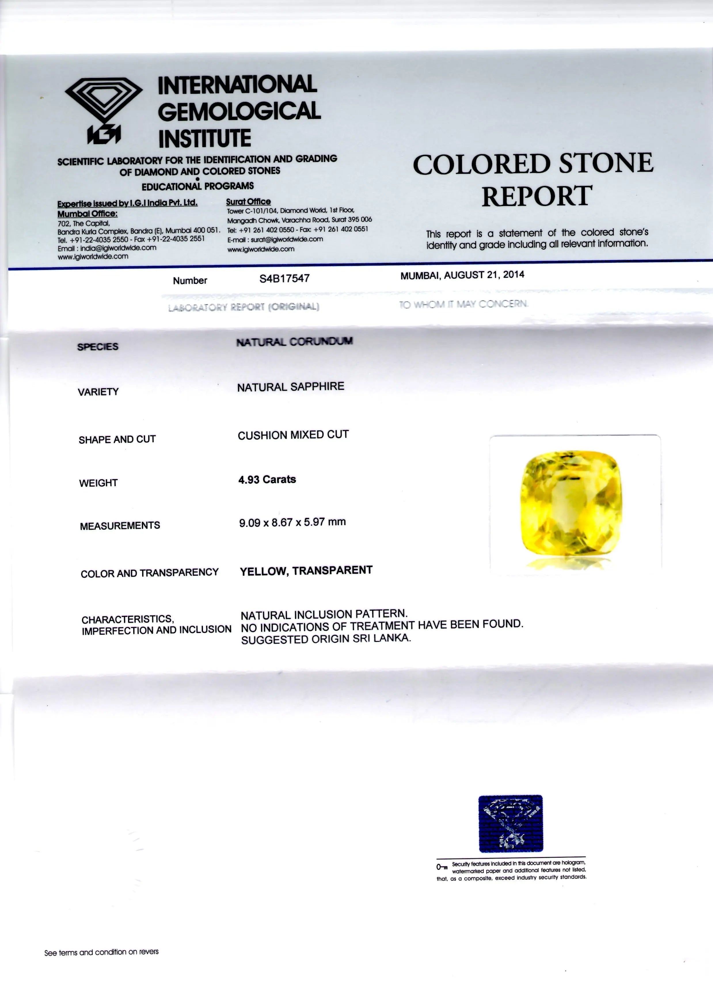 4.93 Ct Unheated Untreated Natural Ceylon Yellow Sapphire/Pukhraj AA