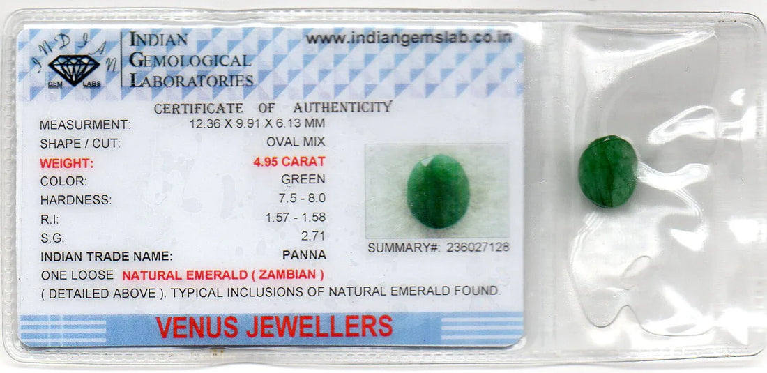 4.95 Ct Certified Untreated Natural Zambian Emerald Panna Gemstone - Venus Gems