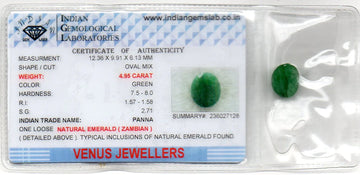 4.95 Ct Certified Untreated Natural Zambian Emerald Panna Gemstone - Venus Gems