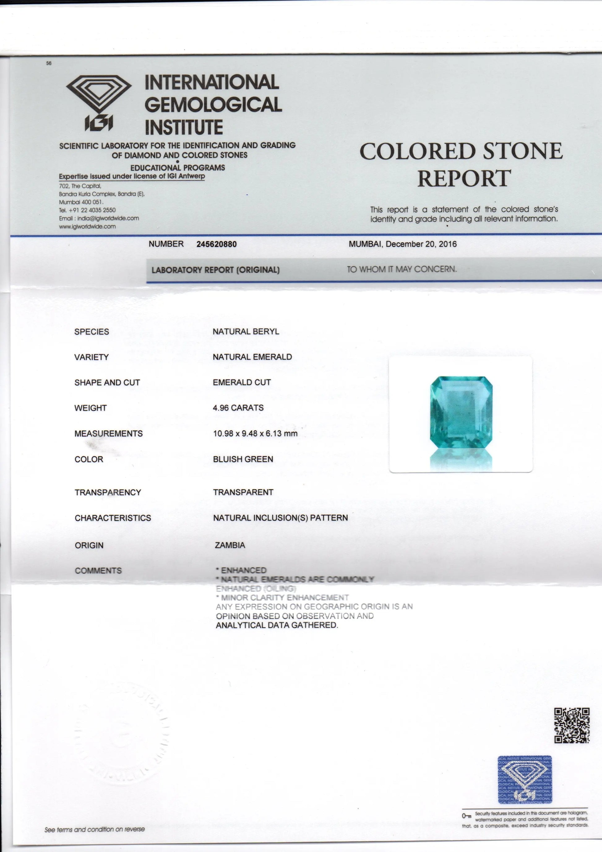 4.96 Ct Untreated Natural Zambian Emerald Gemstone Panna AAAAA