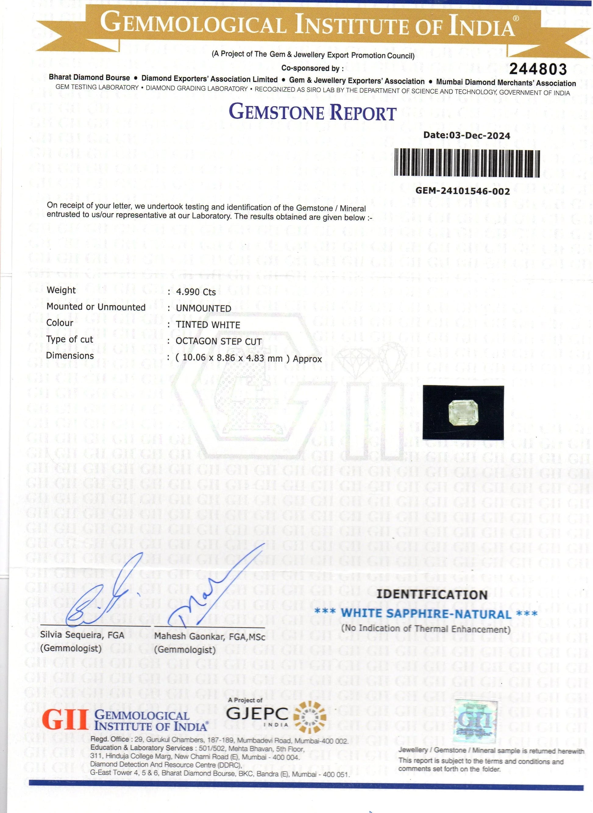4.99 Ct GII Certified Unheated Untreated Natural Ceylon White Sapphire AAA - Venus Gems