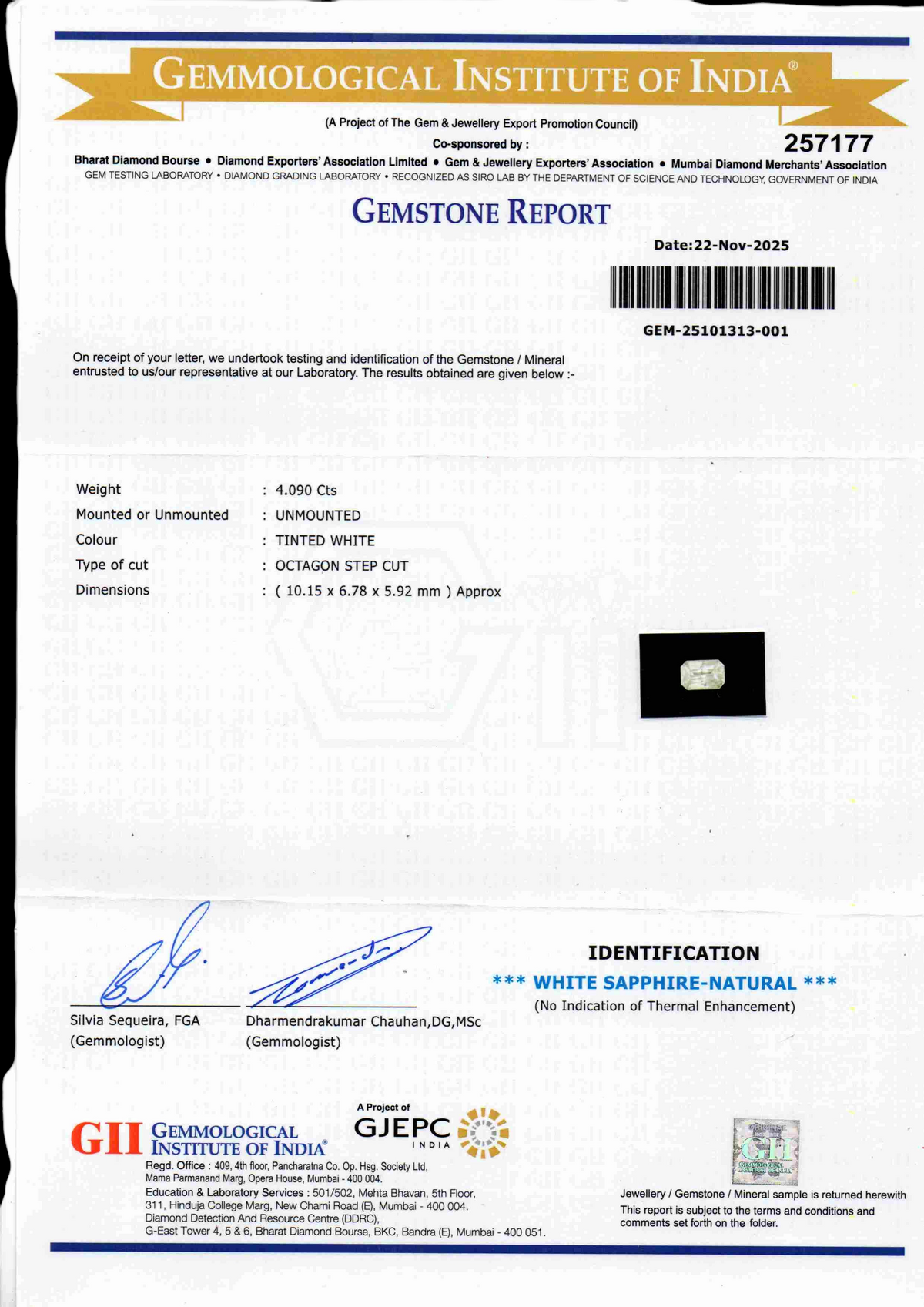 GII certified gemstone report for 4.09 Ct unheated untreated natural Ceylon white sapphire, detailing weight, dimensions, and