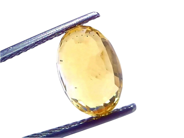 Venus Gems 4.60 carat unheated natural Ceylon yellow sapphire held in tweezers, showing vivid yellow color and clarity.