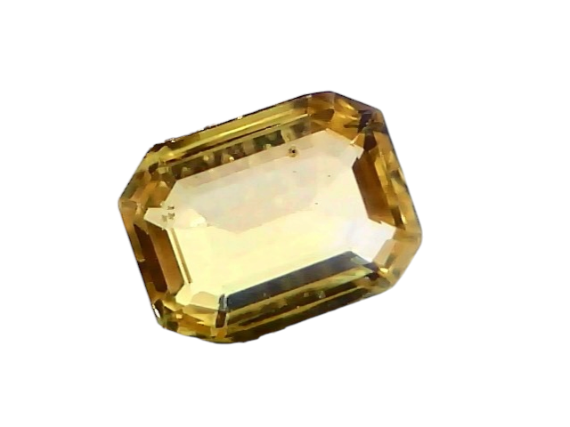 4.04 Ct IGI Certified Unheated Natural Ceylon Yellow Sapphire Pukhraj AAA, octagonal cut, vibrant yellow color, held by tweez