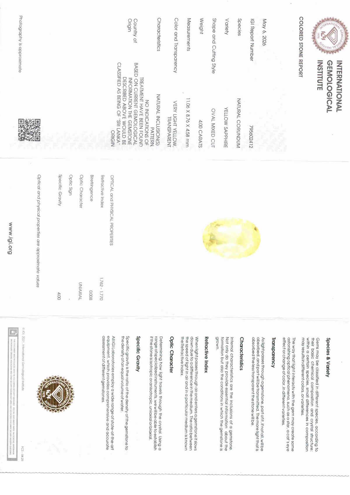 4.00 carat IGI certified unheated natural Ceylon yellow sapphire with certification details and gemological information.