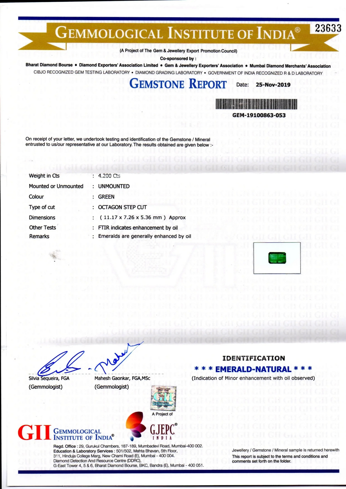4.20 Ct GII Certified Untreated Natural Zambian Emerald Gems AAA - Venus Gems