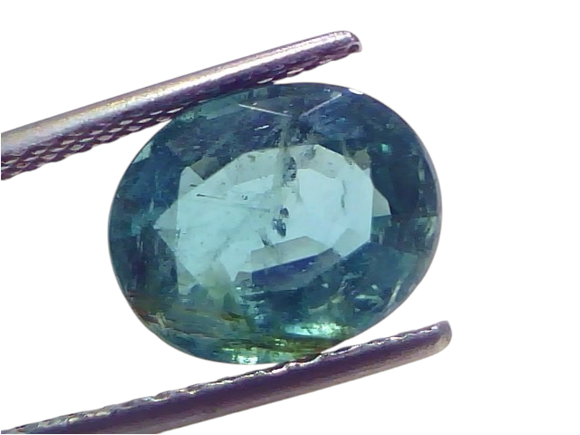 4.10 Carat Certified Natural Zambian Emerald, untreated, oval cut, displayed between tweezers against a white background.