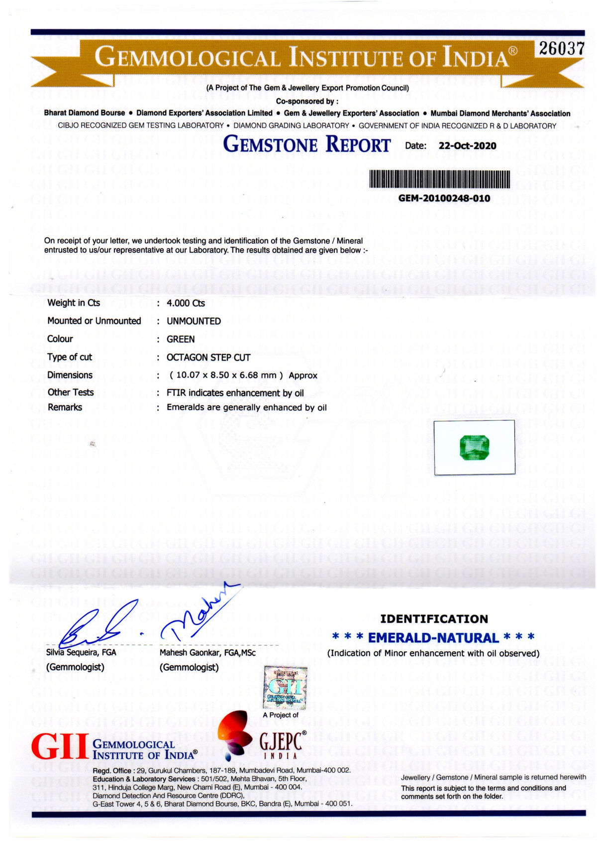 GII Certified report for 4.00 Ct Untreated Natural Zambian Emerald by Venus Gems, detailing weight, color, and cut.