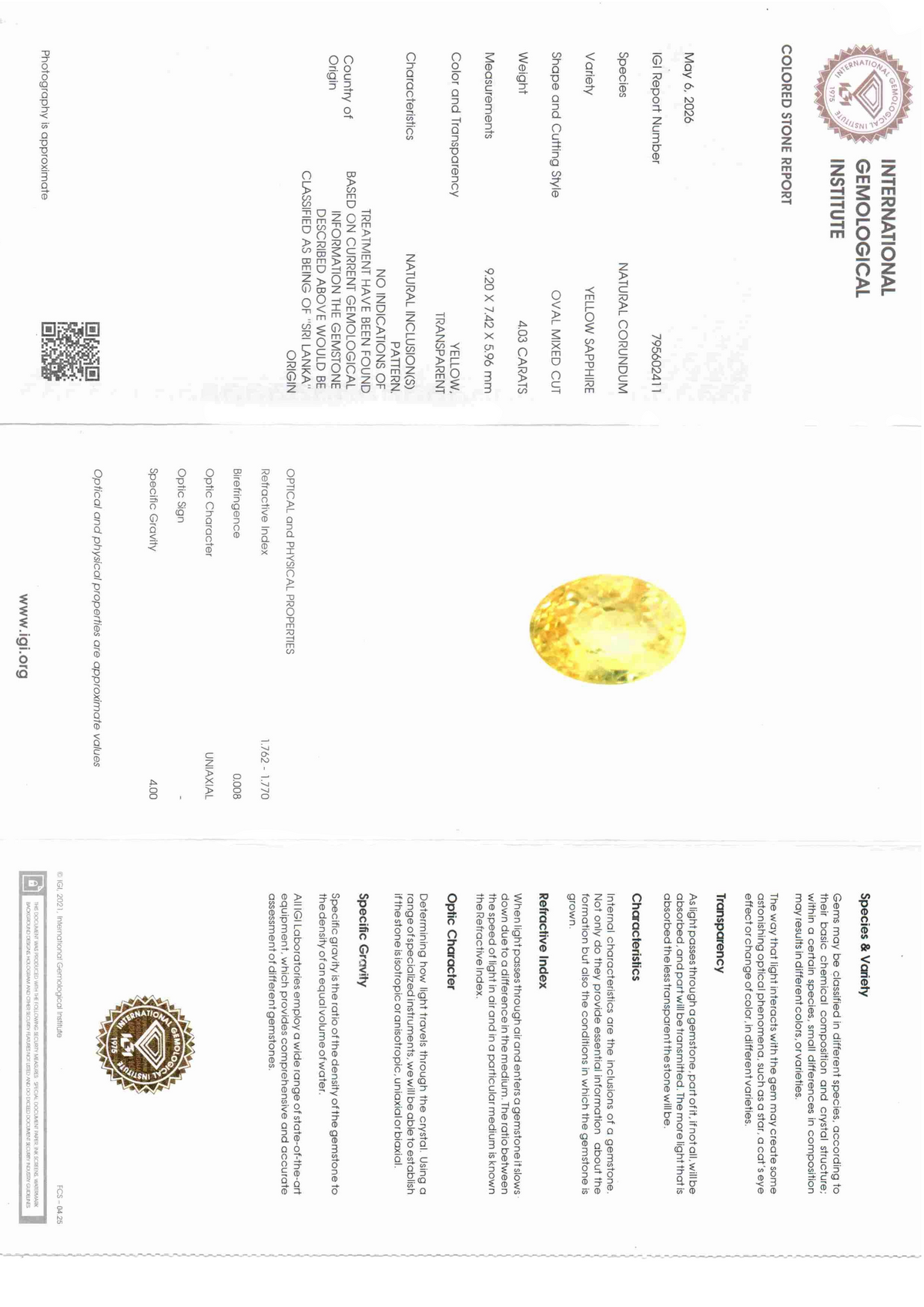 IGI certificate for 4.03 carat unheated natural Ceylon yellow sapphire, detailing specifications and authenticity.