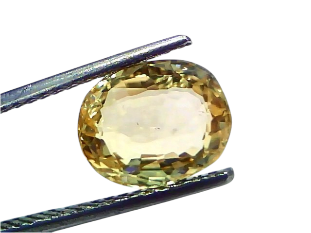 4.08 Ct IGI Certified Unheated Natural Ceylon Yellow Sapphire Pukhraj with a brilliant cut, held between tweezers.