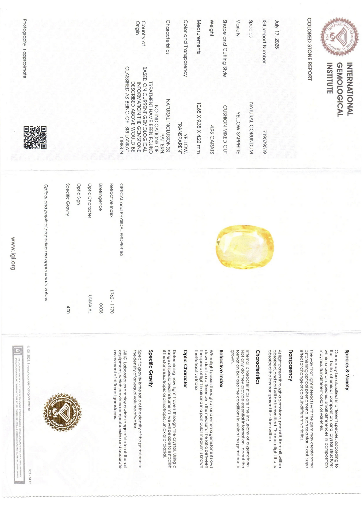 4.93 Ct IGI Certified Unheated Untreated Natural Ceylon Yellow Sapphire - Venus Gems