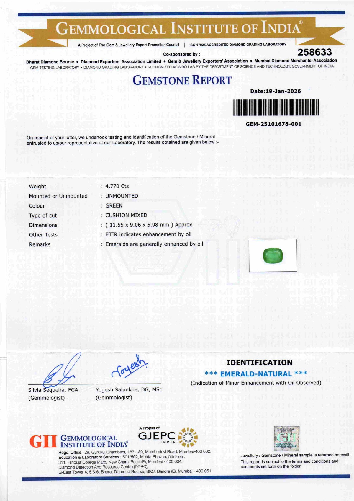 Gemstone report for 4.77 Carat GII Certified Natural Zambian Emerald, untreated, unmounted, with details on weight and color.