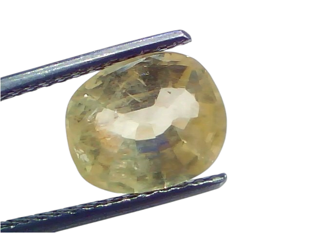 4.07 Ct Certified Unheated Natural Ceylon Yellow Sapphire Pukhraj displayed with tweezers, showcasing its brilliant cut and c