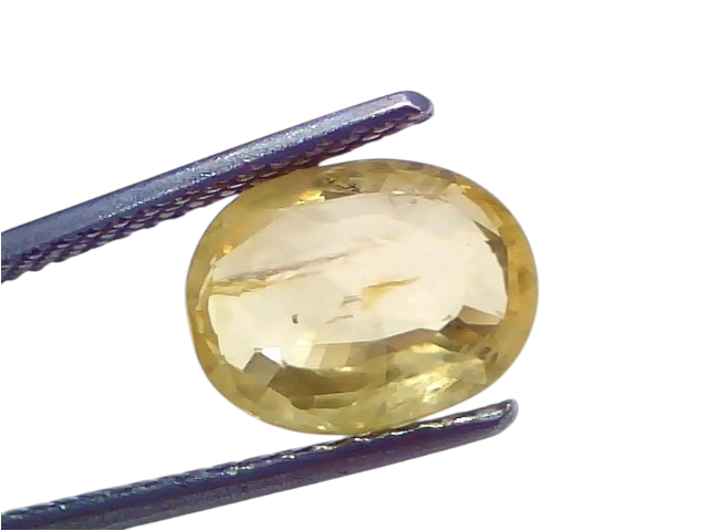 4.07 Ct Certified Unheated Natural Ceylon Yellow Sapphire Pukhraj displayed with tweezers, showcasing its oval cut and vibran
