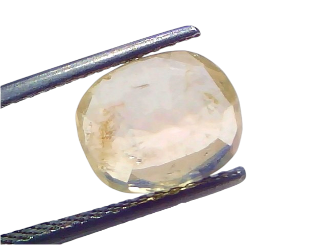 4.07 Ct Certified Unheated Natural Ceylon Yellow Sapphire Pukhraj displayed with tweezers, showcasing its brilliant cut and c