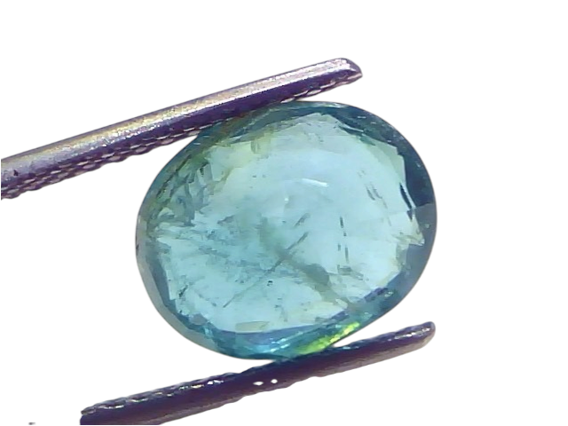 4.10 Carat Certified Natural Zambian Emerald, untreated, oval cut, displayed between tweezers against a white background.