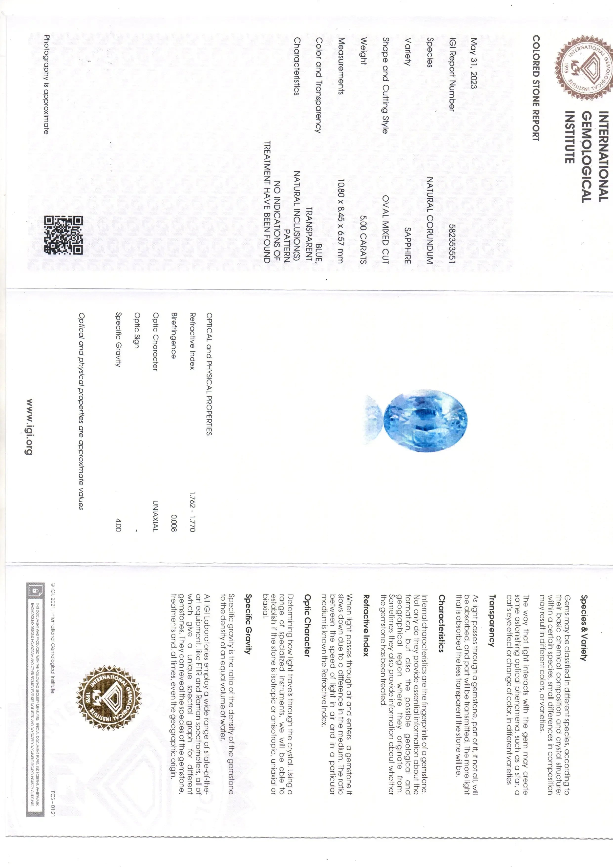 5.00 Ct IGI Certified Unheated Untreated Natural Ceylon Blue Sapphire - Venus Gems