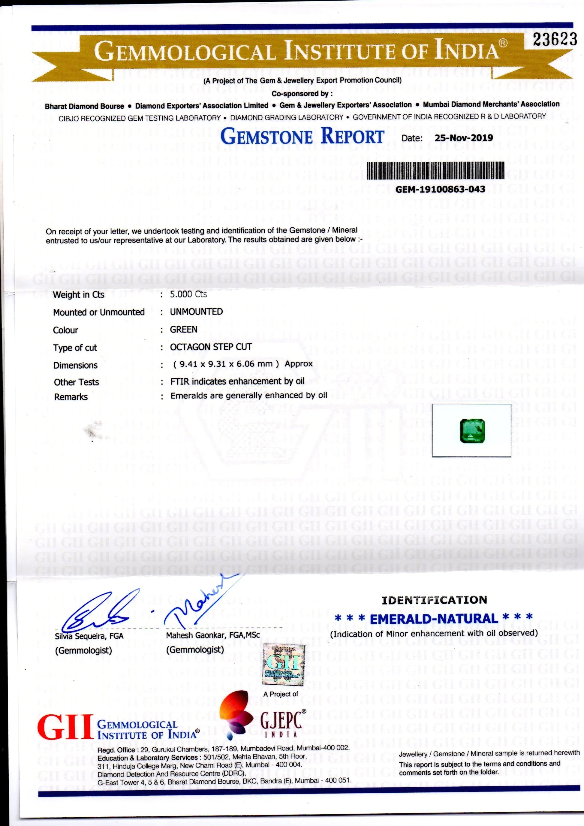 5.00 Ct GII Certified Untreated Natural Zambian Emerald Gems AAA