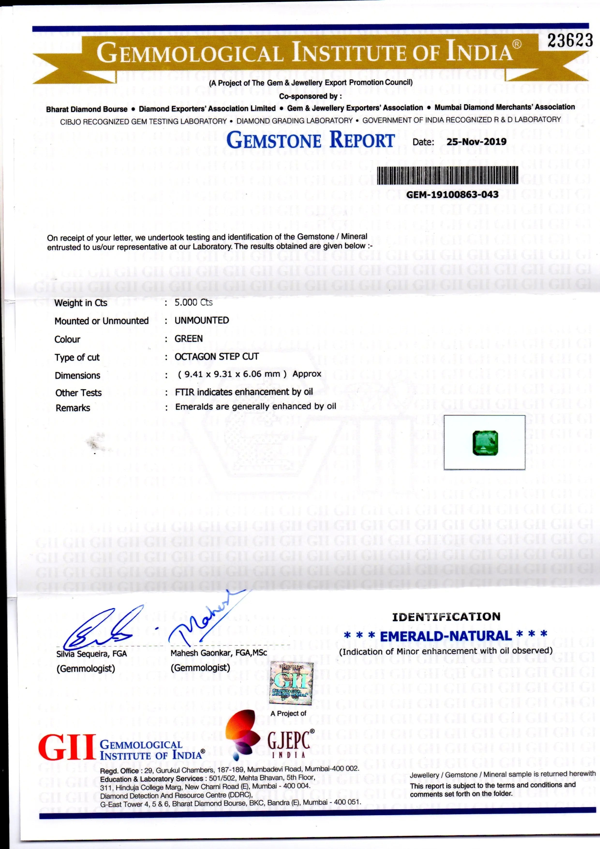 5.00 Ct GII Certified Untreated Natural Zambian Emerald Gems AAA