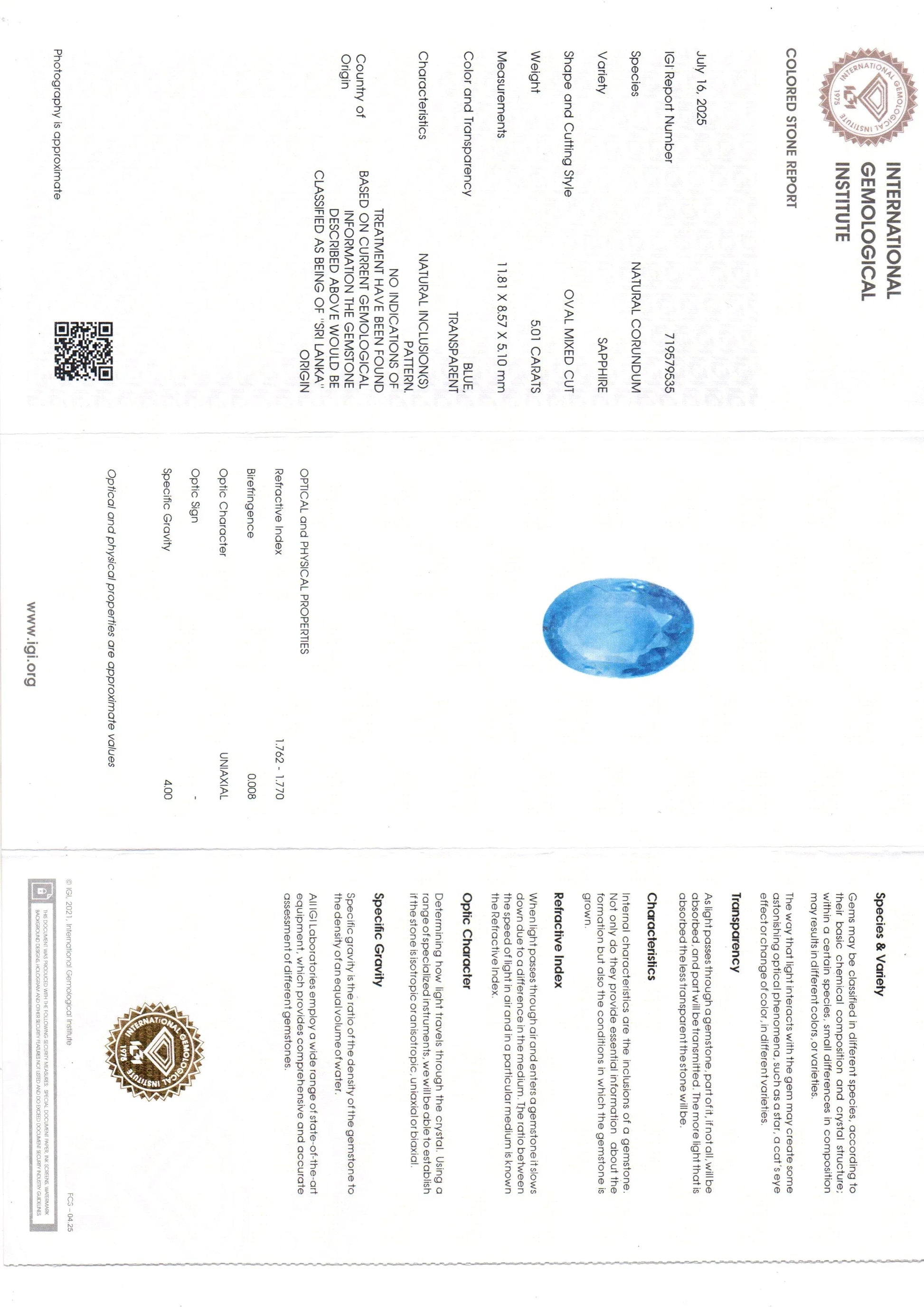 5.01 Ct IGI Certified Unheated Untreated Natural Ceylon Blue Sapphire - Venus Gems