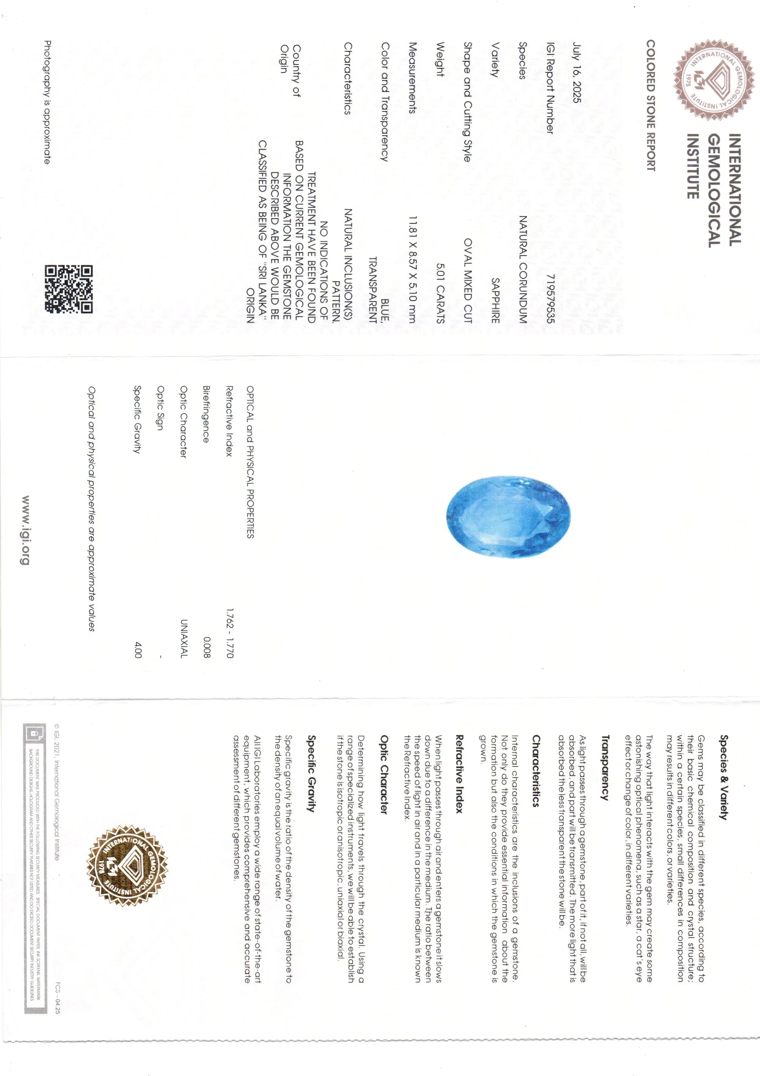 5.01 Ct IGI Certified Unheated Untreated Natural Ceylon Blue Sapphire - Venus Gems