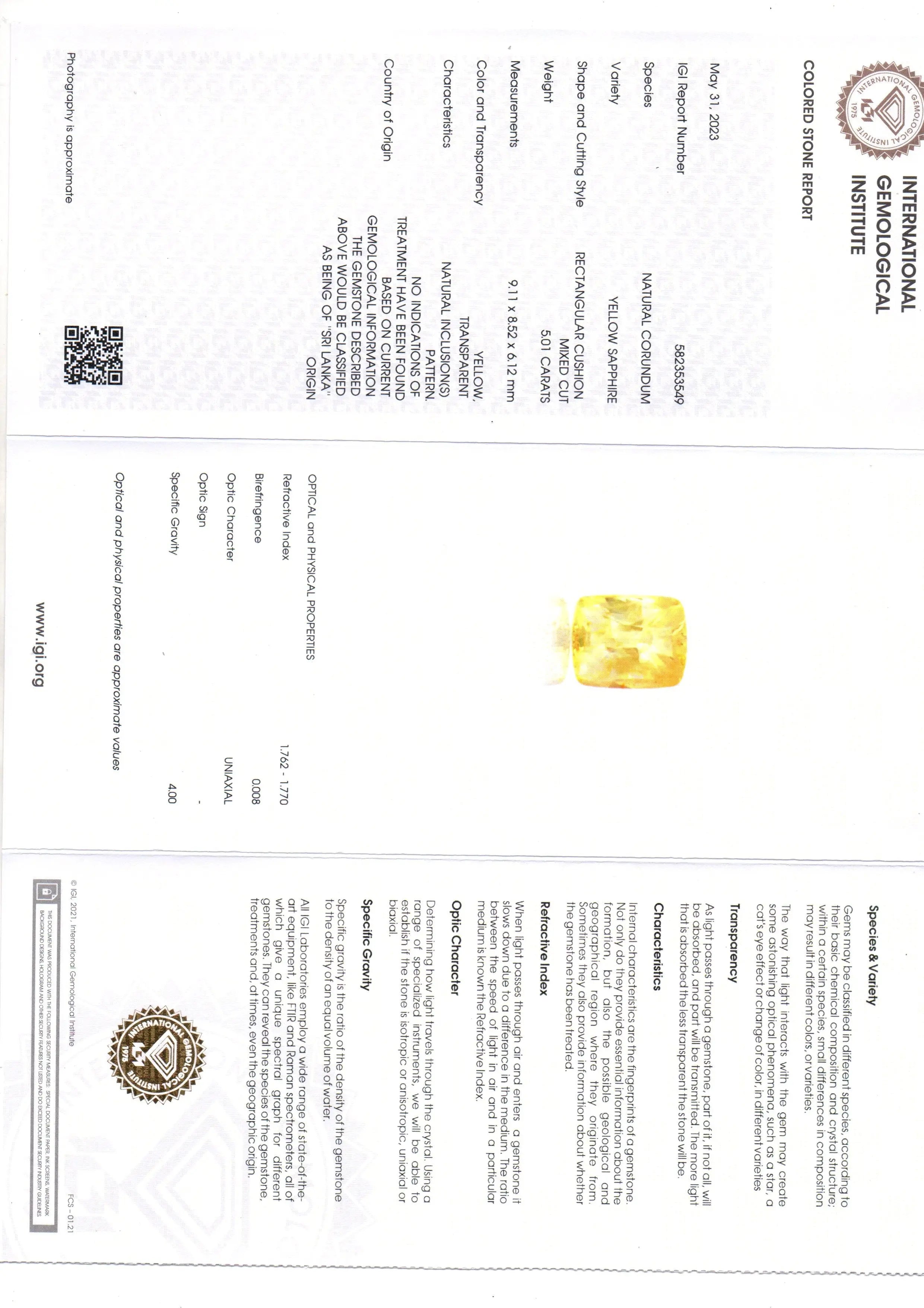 5.01 Ct IGI Certified Unheated Untreated Natural Ceylon Yellow Sapphire