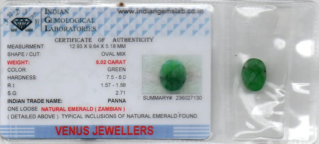 5.02 Ct Certified Untreated Natural Zambian Emerald Panna Gemstone