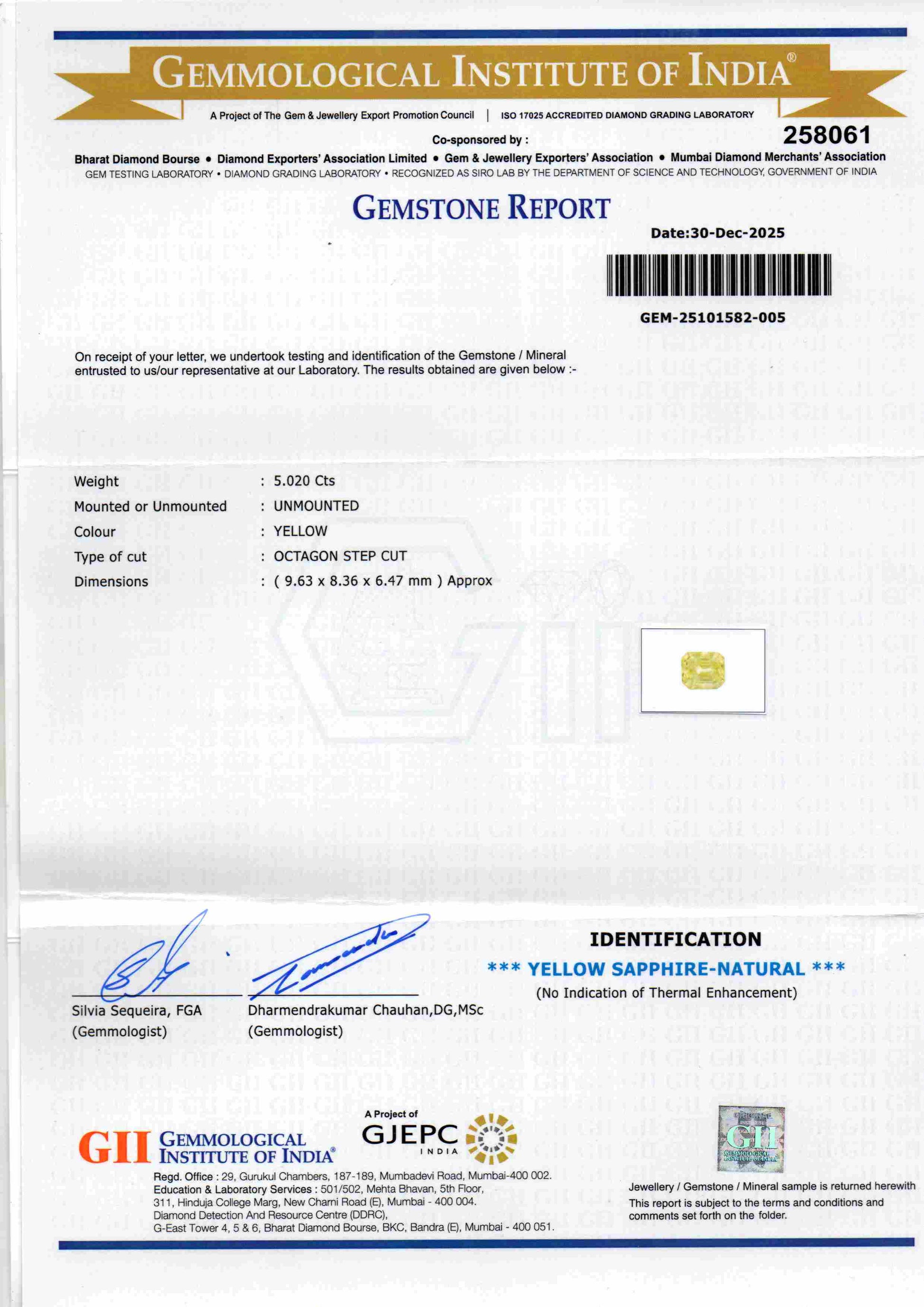 GII certified gemstone report for a 5.02 carat Ceylon yellow sapphire (Pukhraj) stone, detailing specifications and authentic