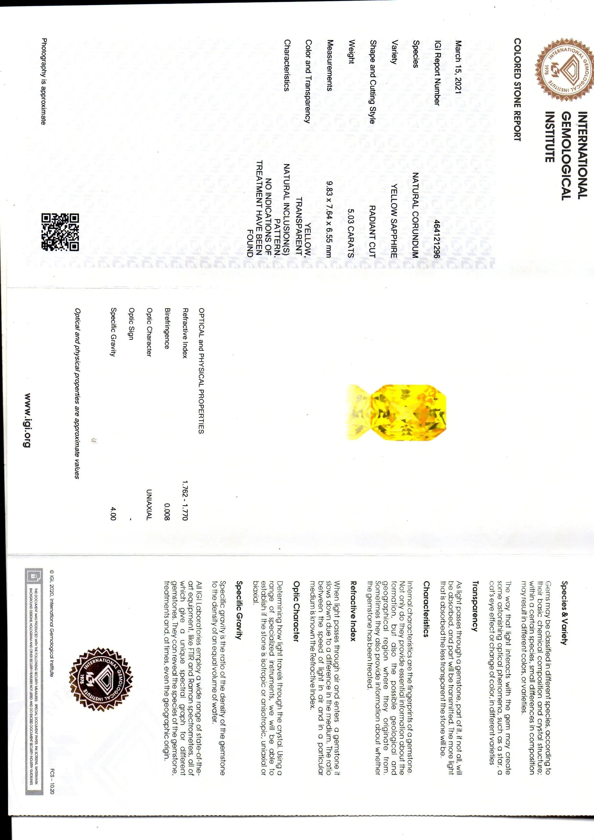 5.03 Ct IGI Certified Unheated Untreated Natural Ceylon Yellow Sapphire AAA
