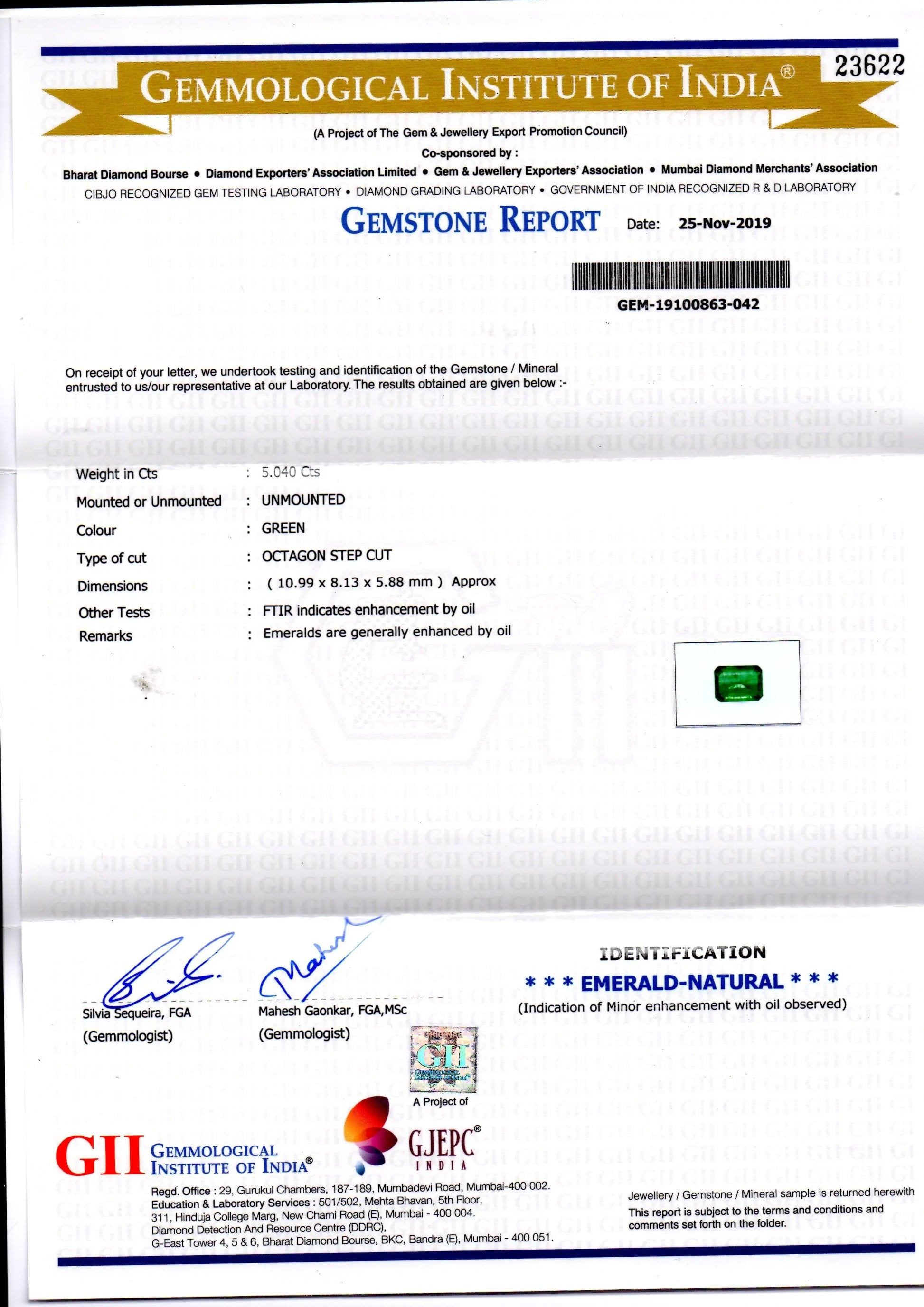 5.04 Ct GII Certified Untreated Natural Zambian Emerald Gemstone