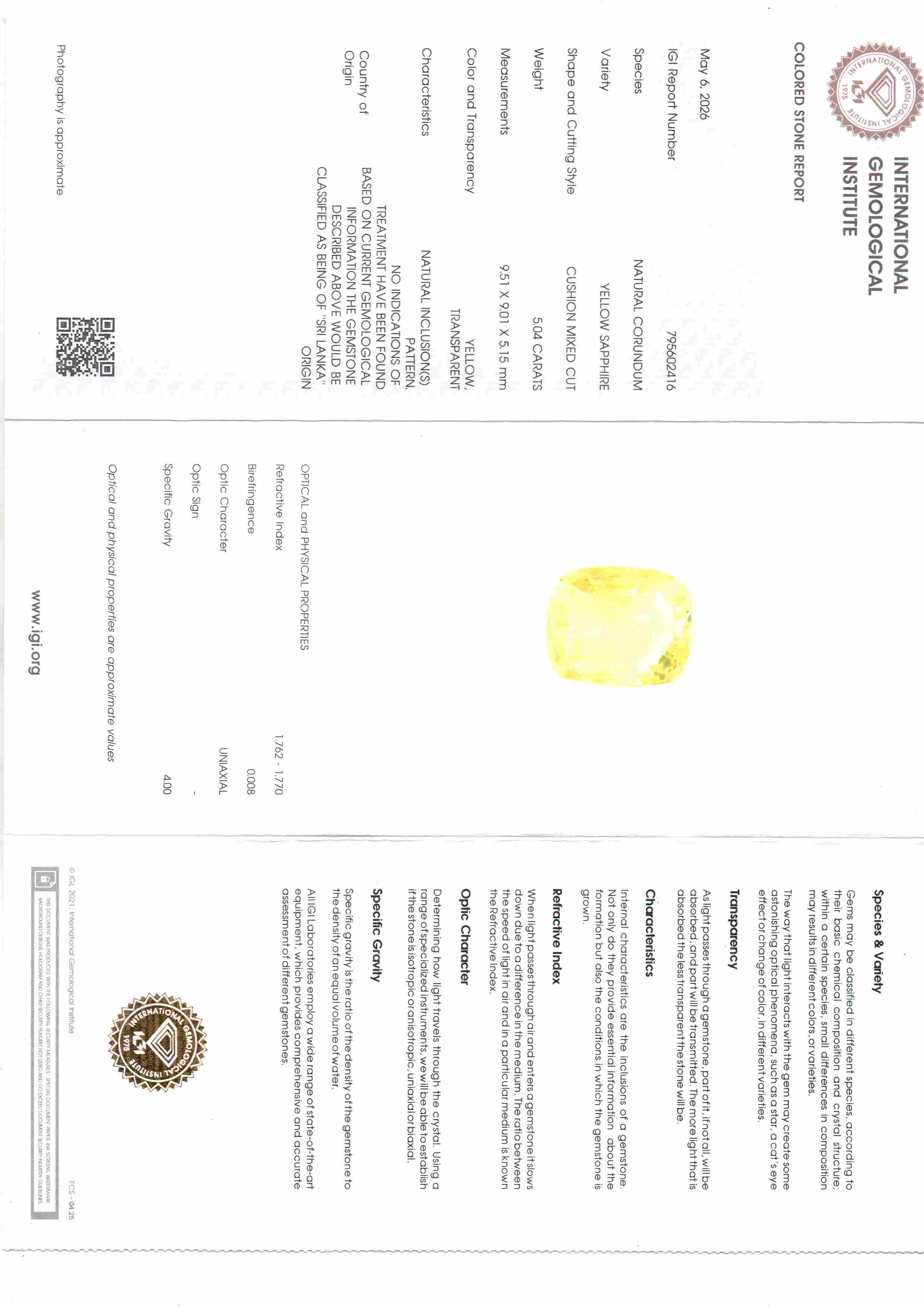 5.04 Carat 5.53 Ratti IGI Certified Yellow Sapphire Pukhraj Unheated Stone