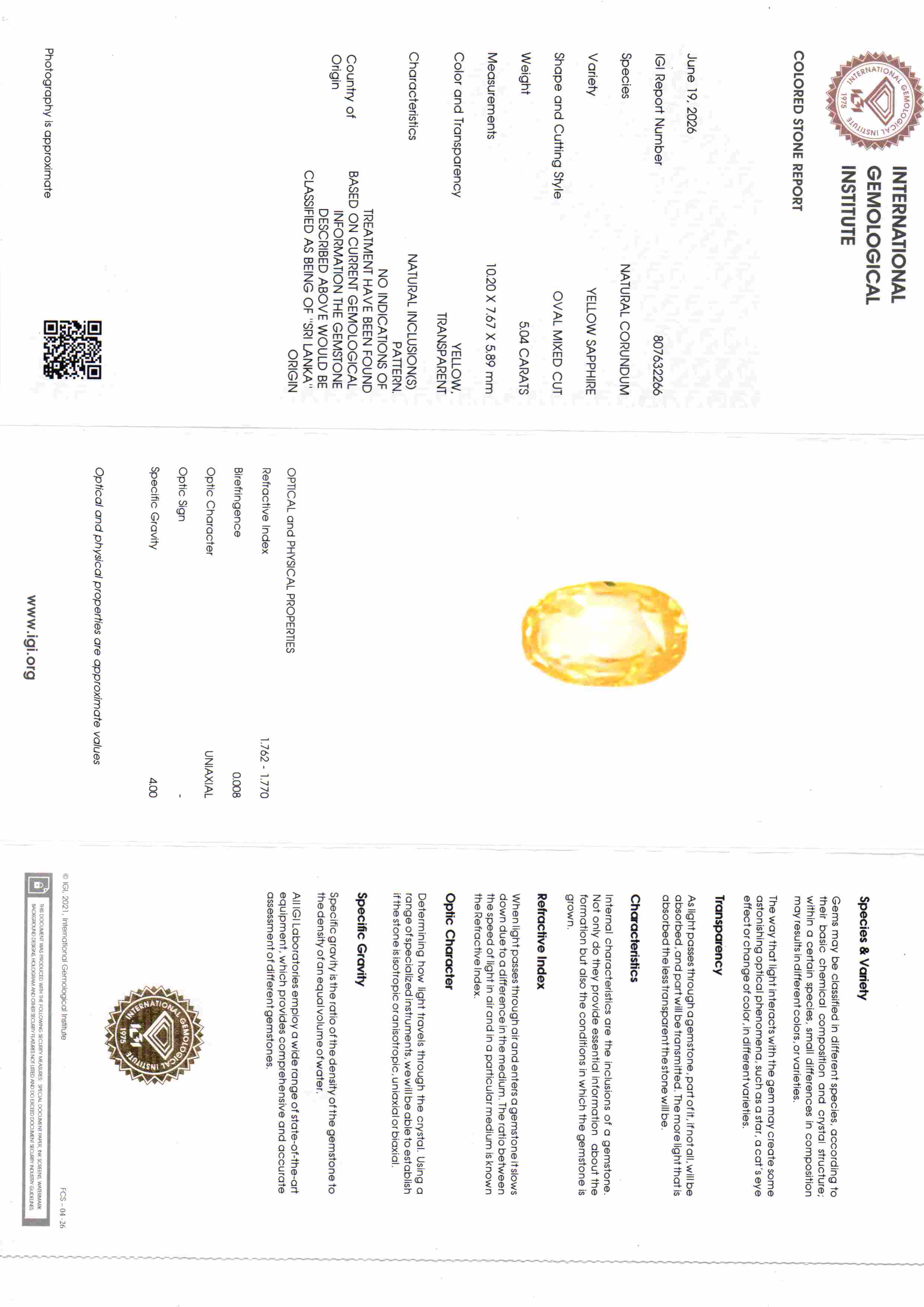 5.04 Ct IGI Certified Unheated Natural Ceylon Yellow Sapphire Pukhraj – 5.53 Ratti