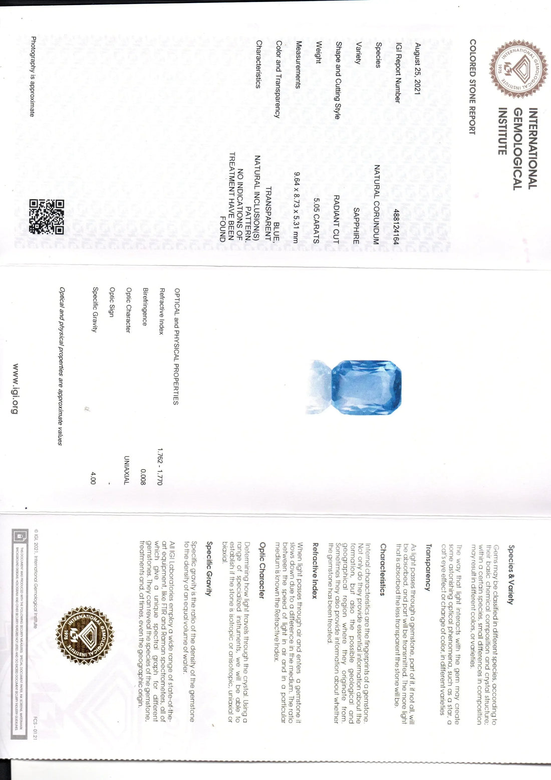 5.05 Ct IGI Certified Unheated Untreated Natural Ceylon Blue Sapphire AA - Venus Gems