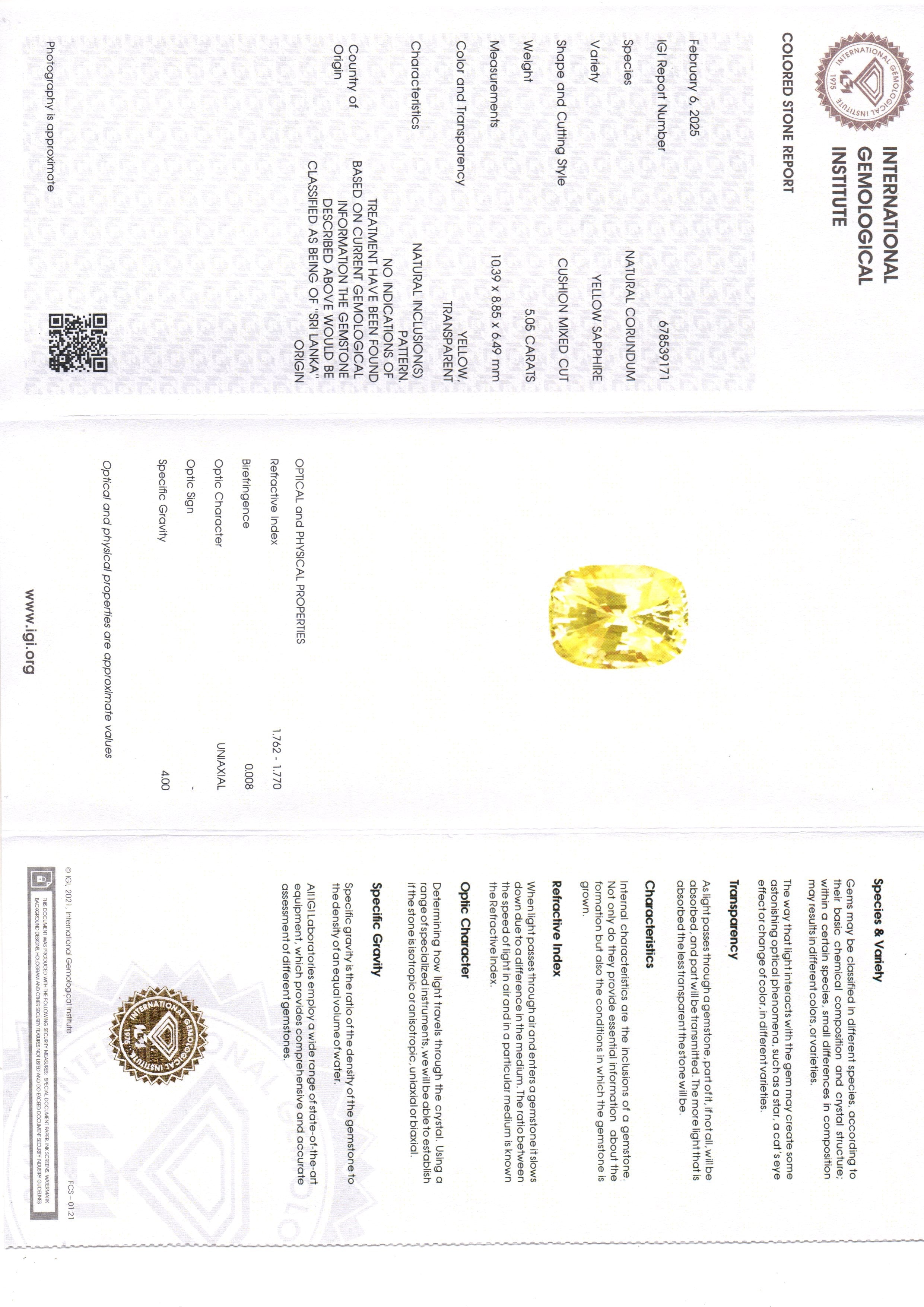 5.05 Ct IGI Certified Unheated Untreated Natural Ceylon Yellow Sapphire