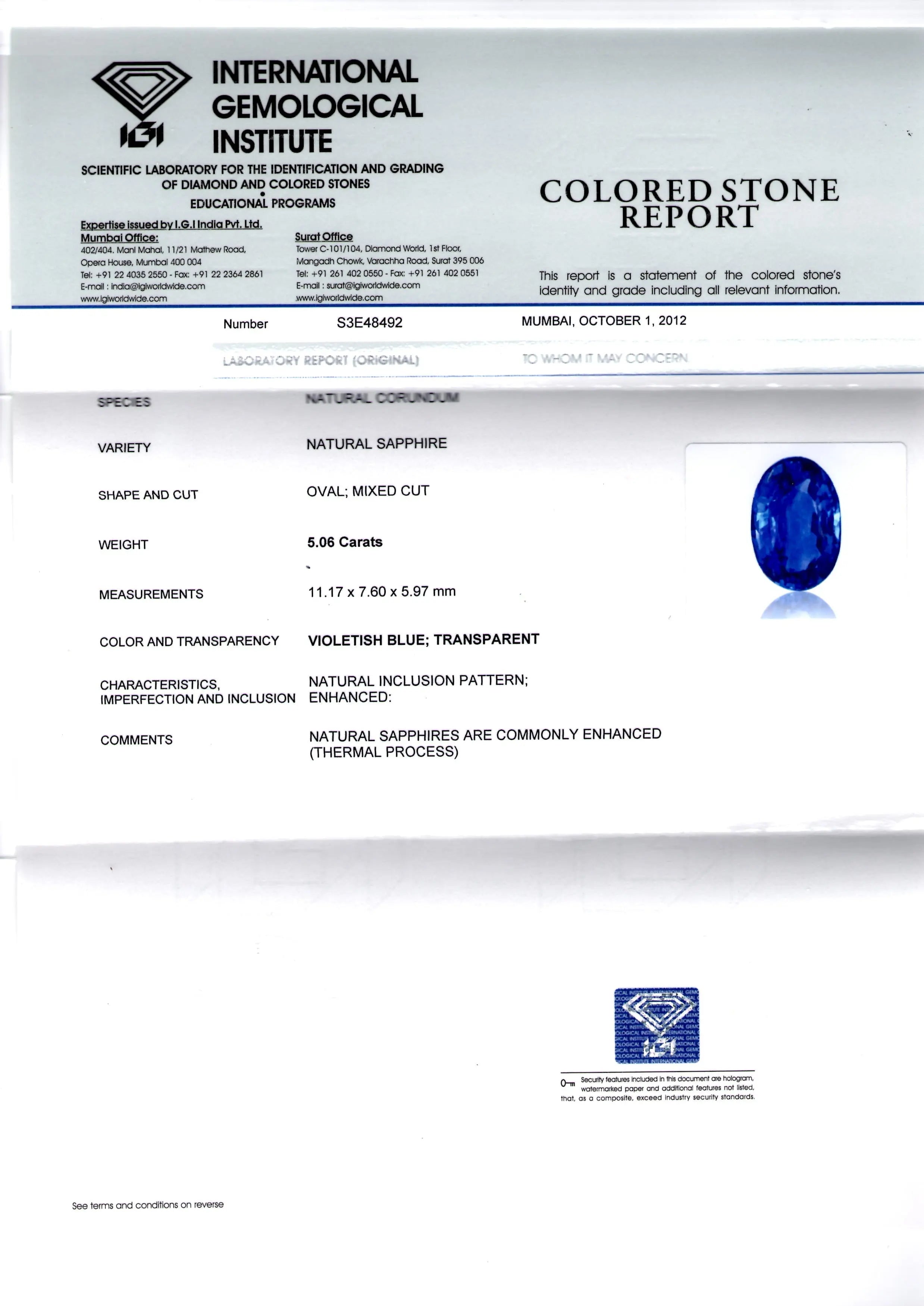 5.06 Ct Untreated IGI Certiied Natural Ceylon Blue Sapphire AAA