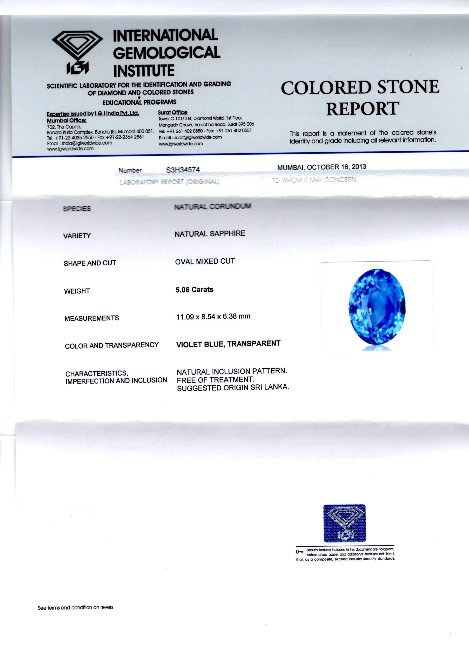 5.06 Ct IGI Certified Unheated Untreated Natural Ceylon Blue Sapphire