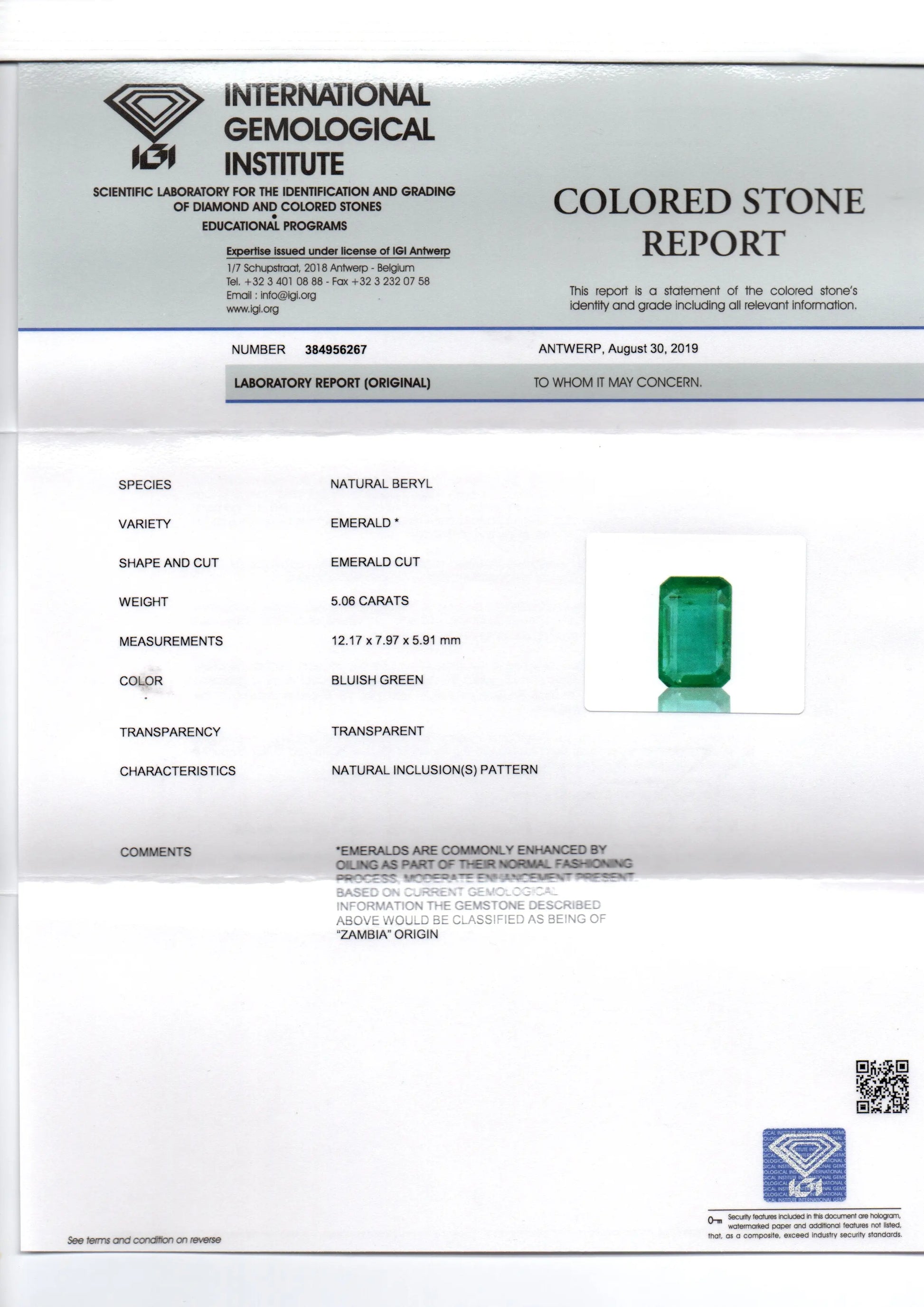 5.06 Ct IGI Certified Untreated Natural Zambian Emerald Gemstone AAA