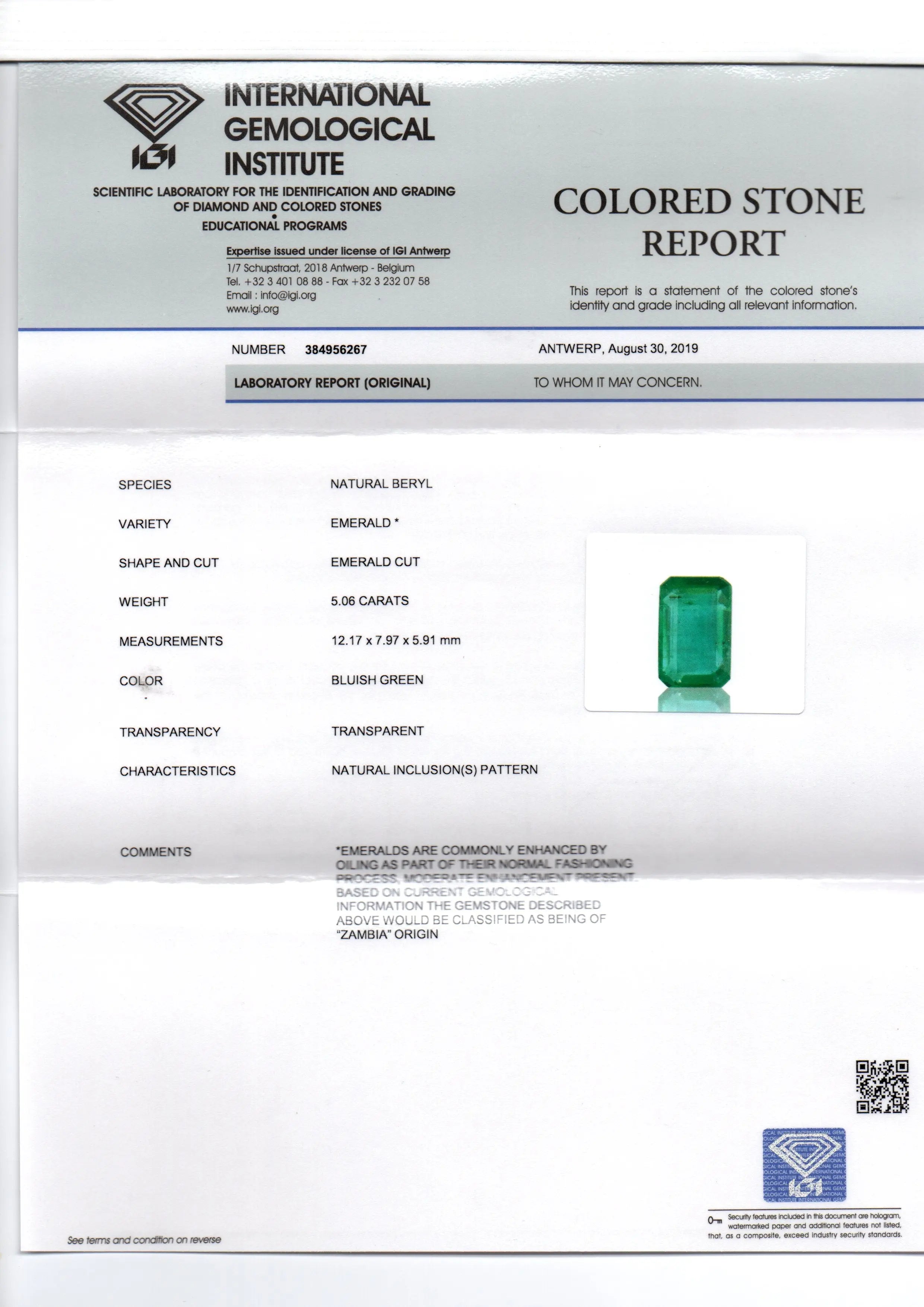 5.06 Ct IGI Certified Untreated Natural Zambian Emerald Gemstone AAA