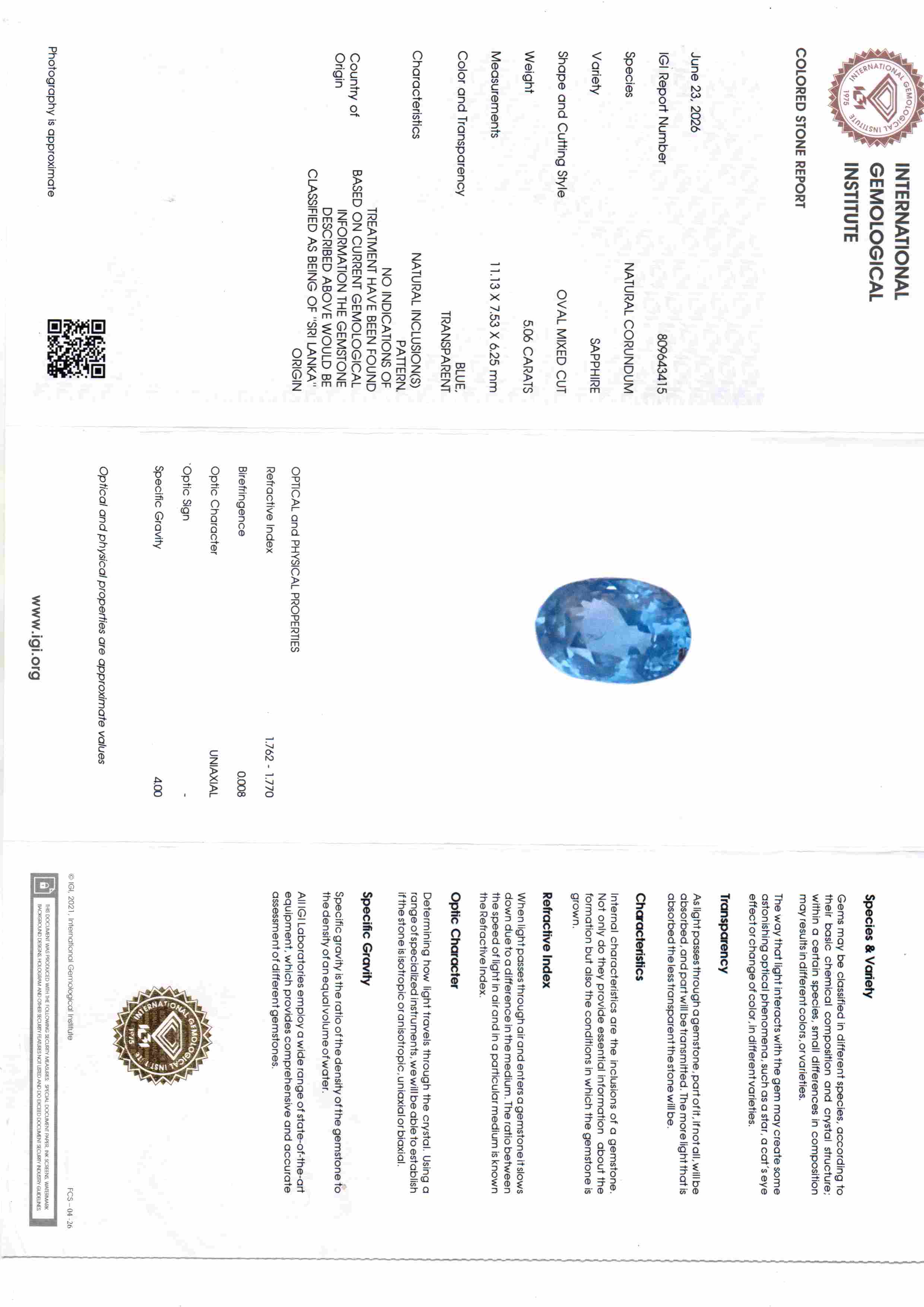 5.06 Carat IGI Certified Unheated Natural Ceylon Blue Sapphire Neelam – 5.56 Ratti