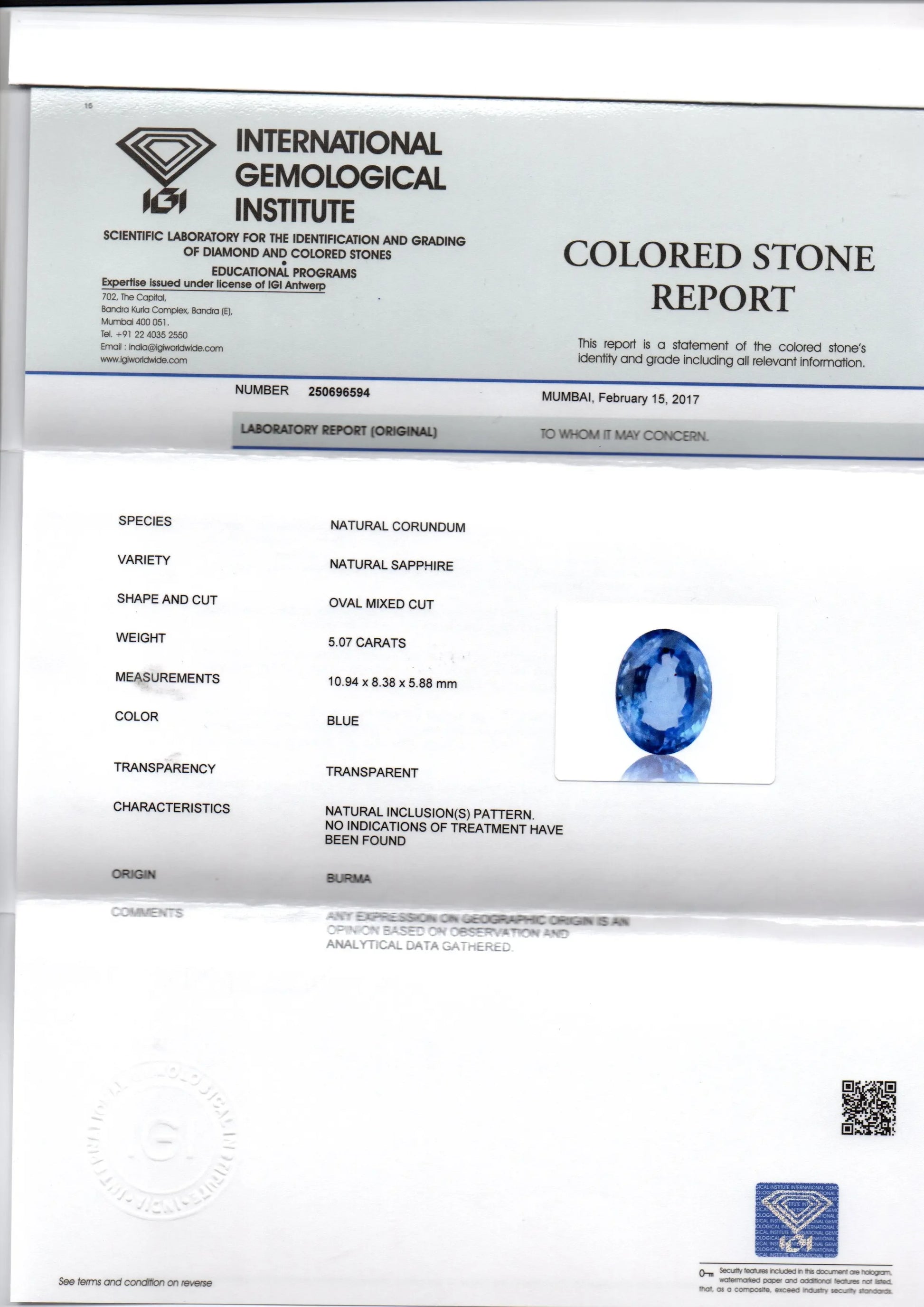5.07 Ct IGI Certified Unheated Untreated Natural Burma Blue Sapphire AA - Venus Gems