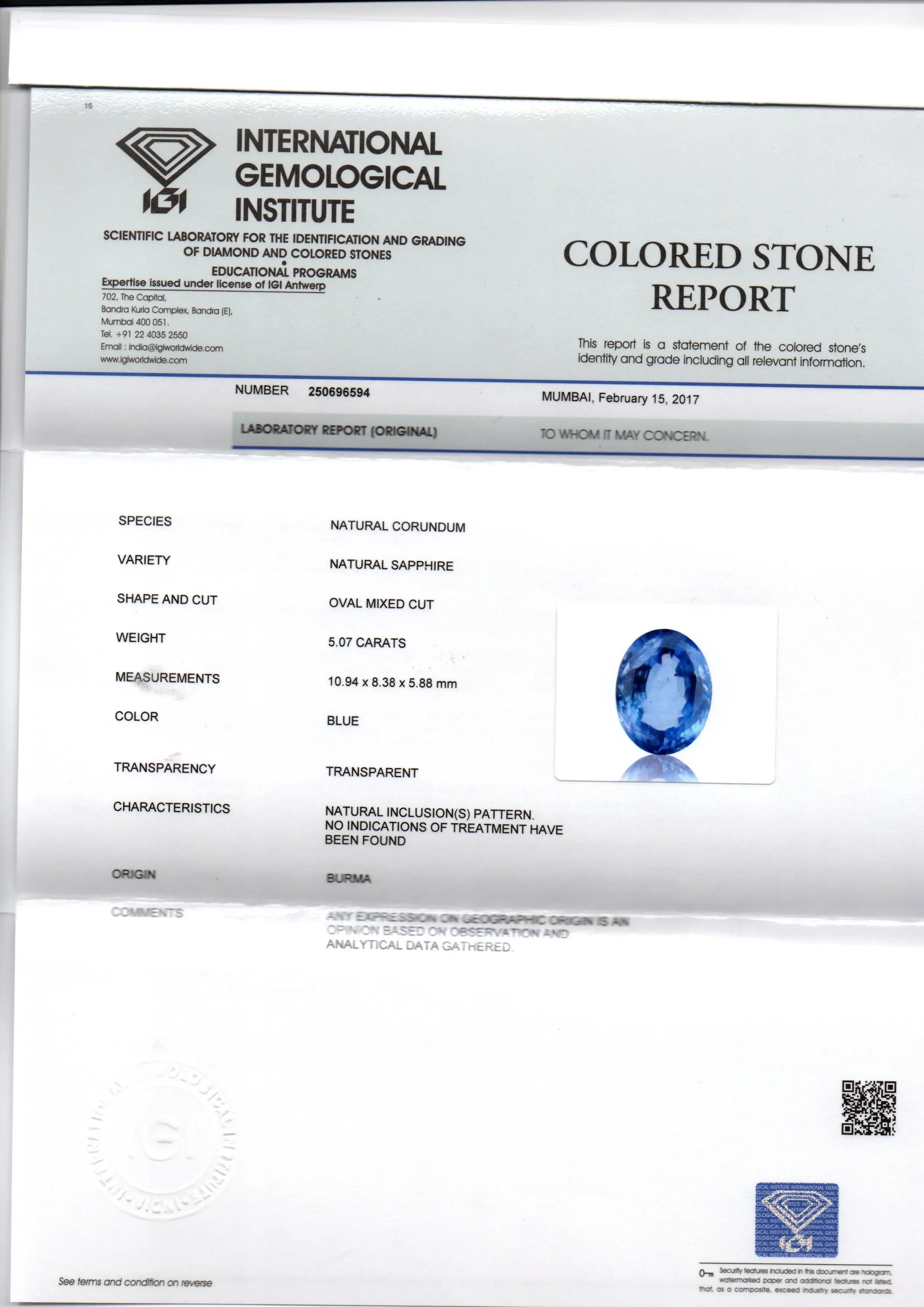 5.07 Ct IGI Certified Unheated Untreated Natural Burma Blue Sapphire AA - Venus Gems