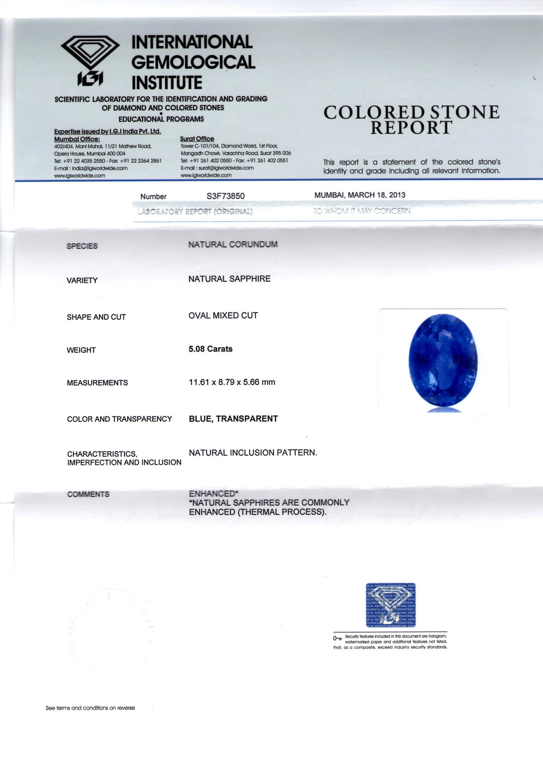5.08 Ct Premium Untreated Natural Ceylon Blue Sapphire IGI Certified
