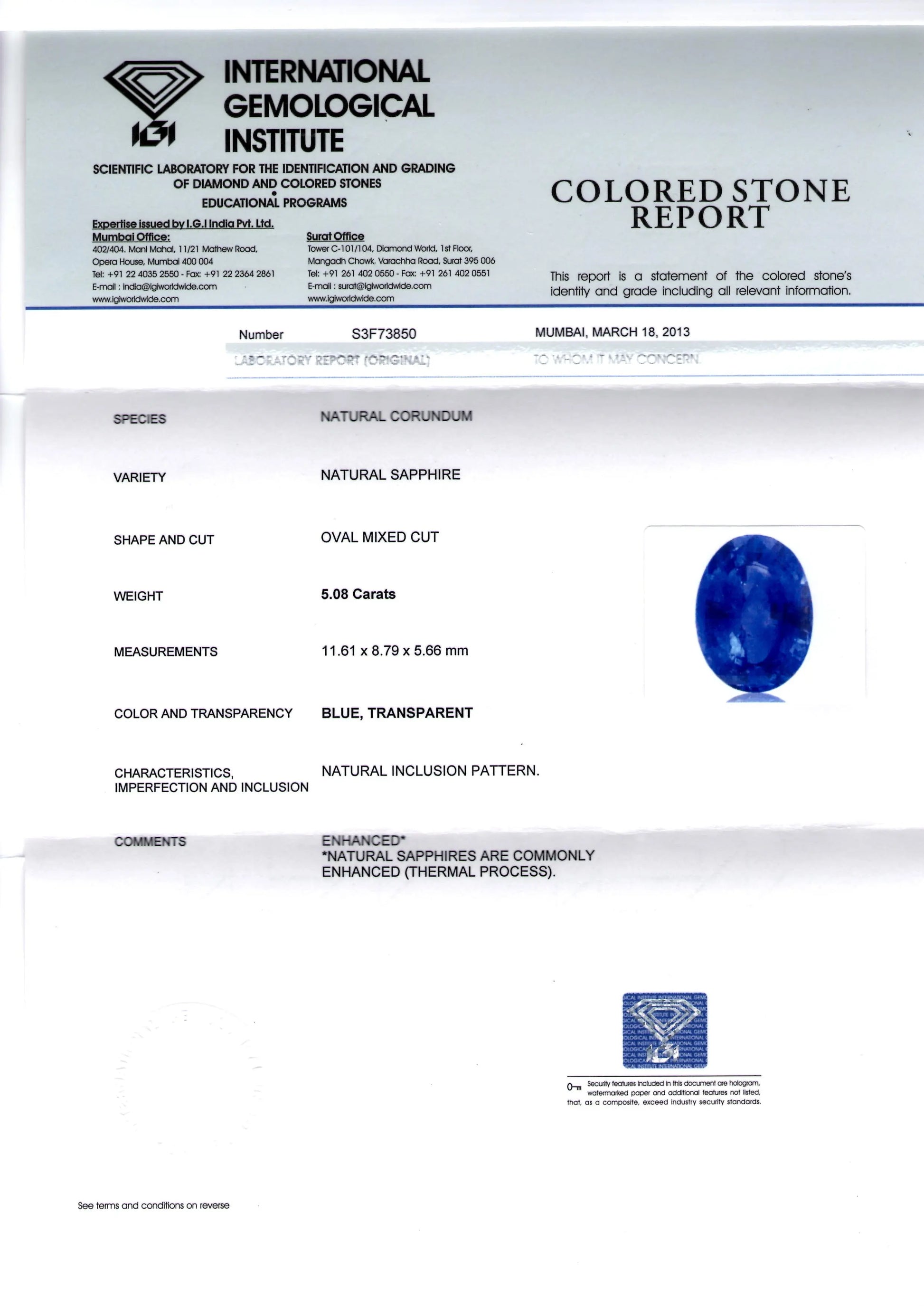 5.08 Ct Premium Untreated Natural Ceylon Blue Sapphire IGI Certified