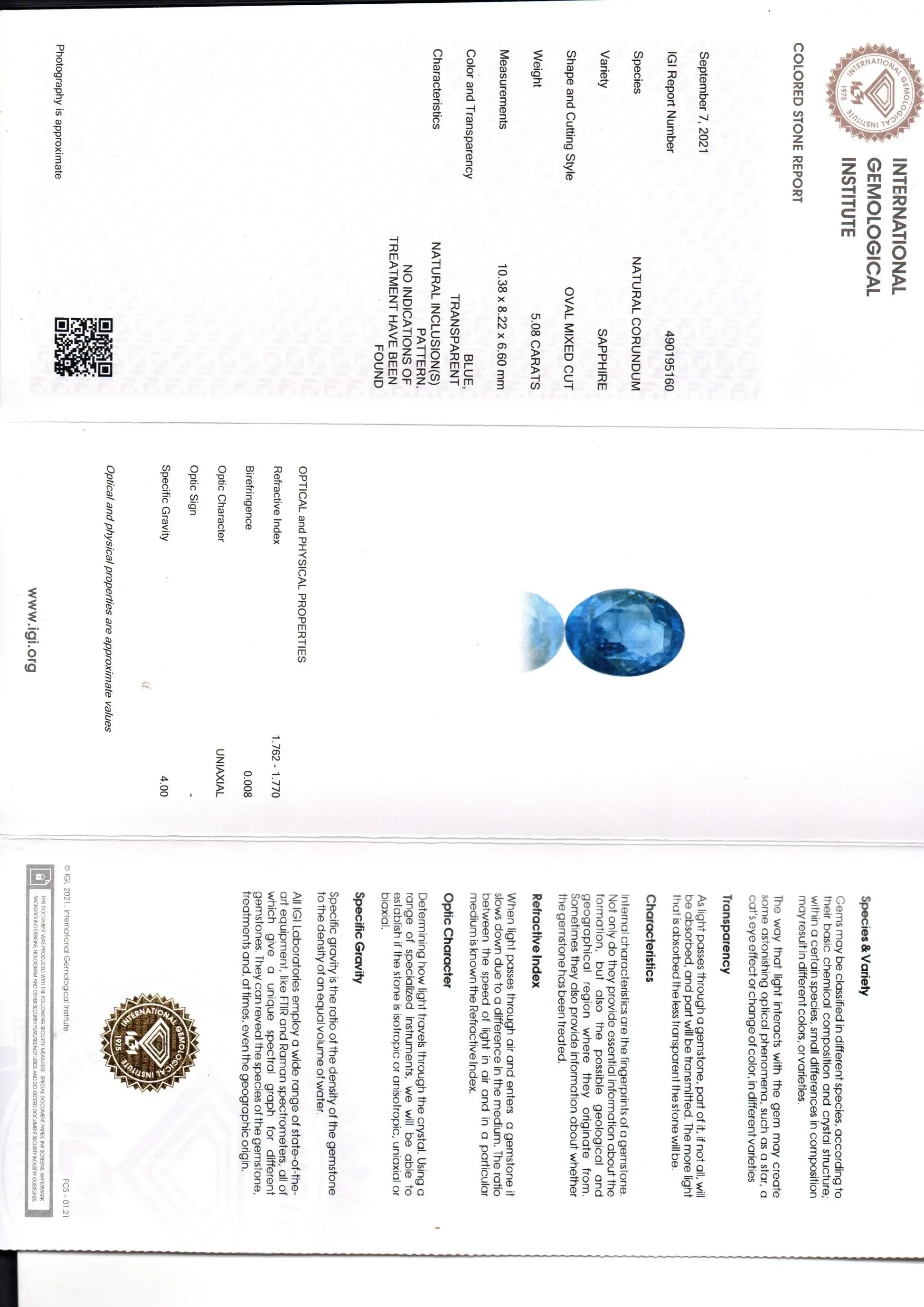5.08 Ct IGI Certified Unheated Untreated Natural Ceylon Blue Sapphire - Venus Gems